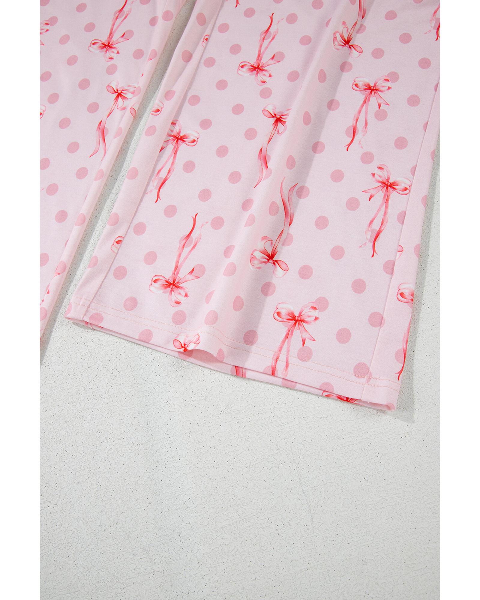 Pink Bow Knot Polka Dot Print Short Sleeve Top Lounge Set - M 7