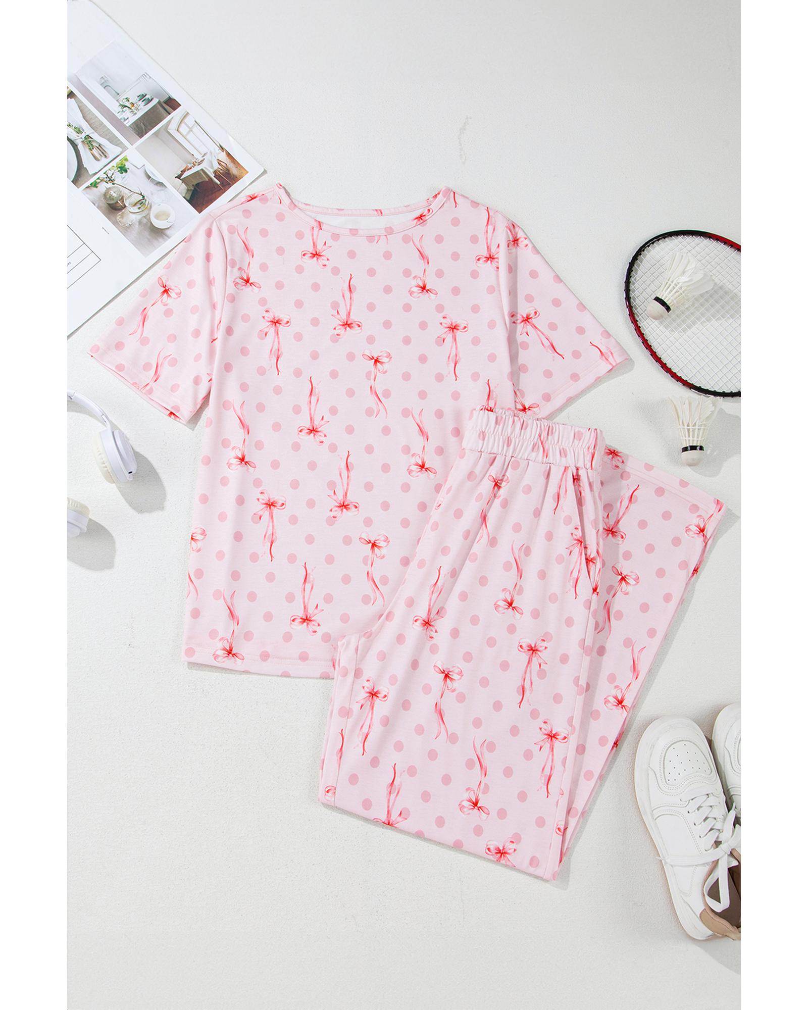 Pink Bow Knot Polka Dot Print Short Sleeve Top Lounge Set - XL 4