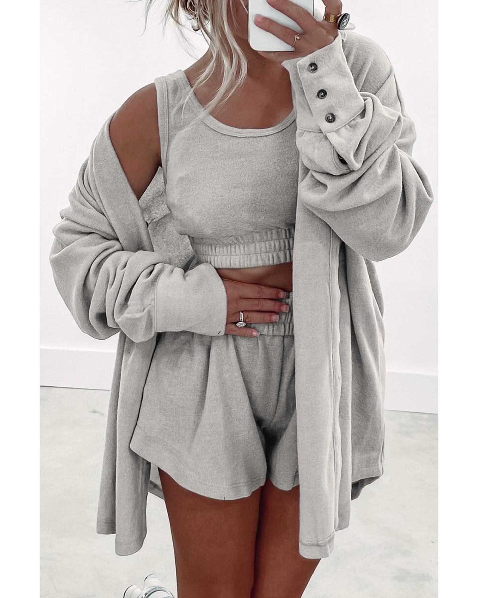 Gray 3 Pcs Crop Tank Top Shorts with Cardigan Lounge Set - L