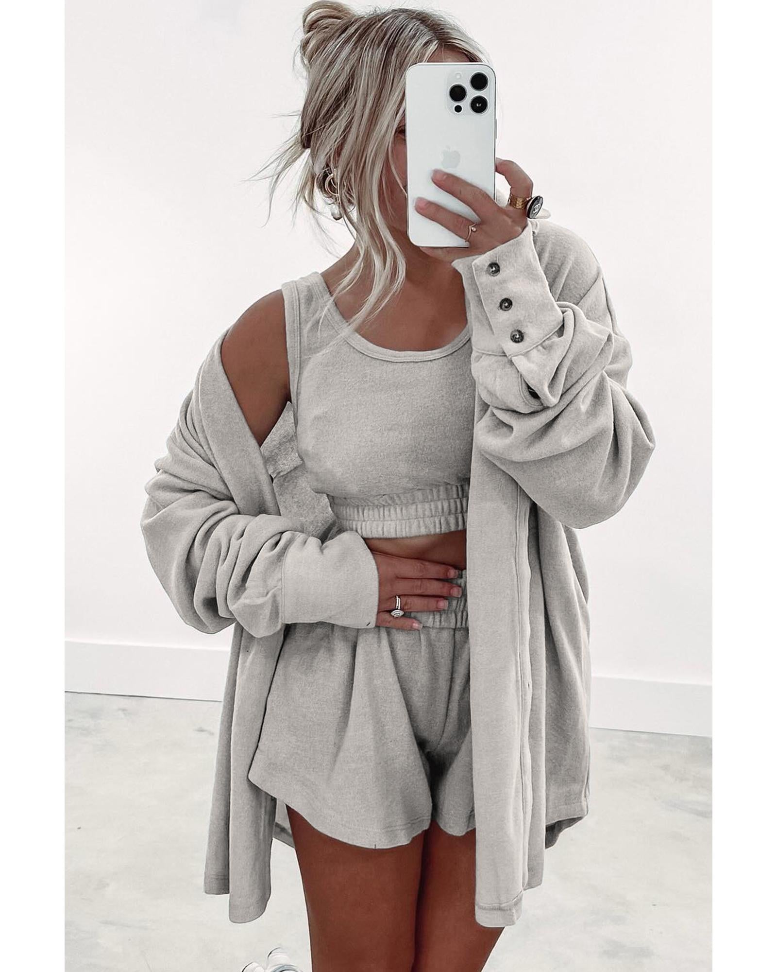 Gray 3 Pcs Crop Tank Top Shorts with Cardigan Lounge Set - L 3