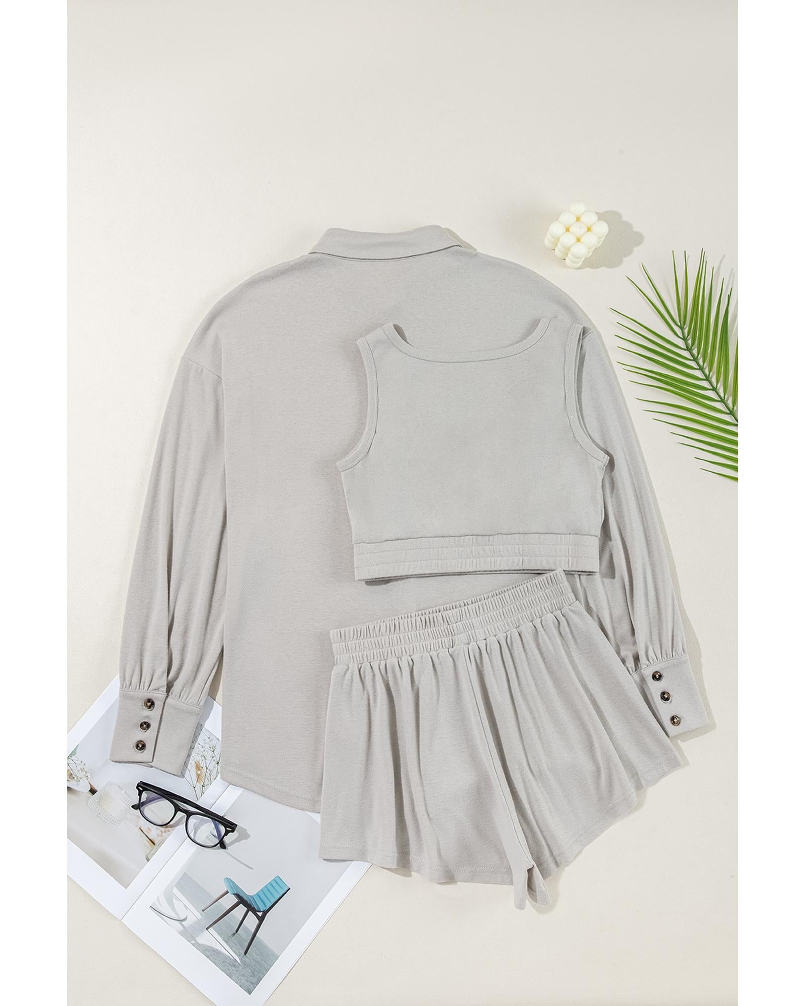 Gray 3 Pcs Crop Tank Top Shorts with Cardigan Lounge Set - M 5