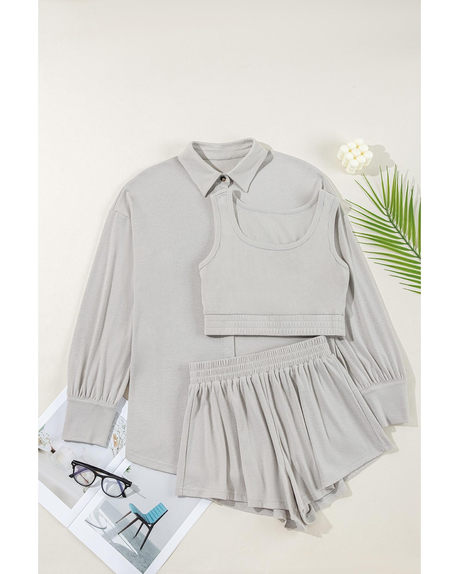 Gray 3 Pcs Crop Tank Top Shorts with Cardigan Lounge Set - XL 4