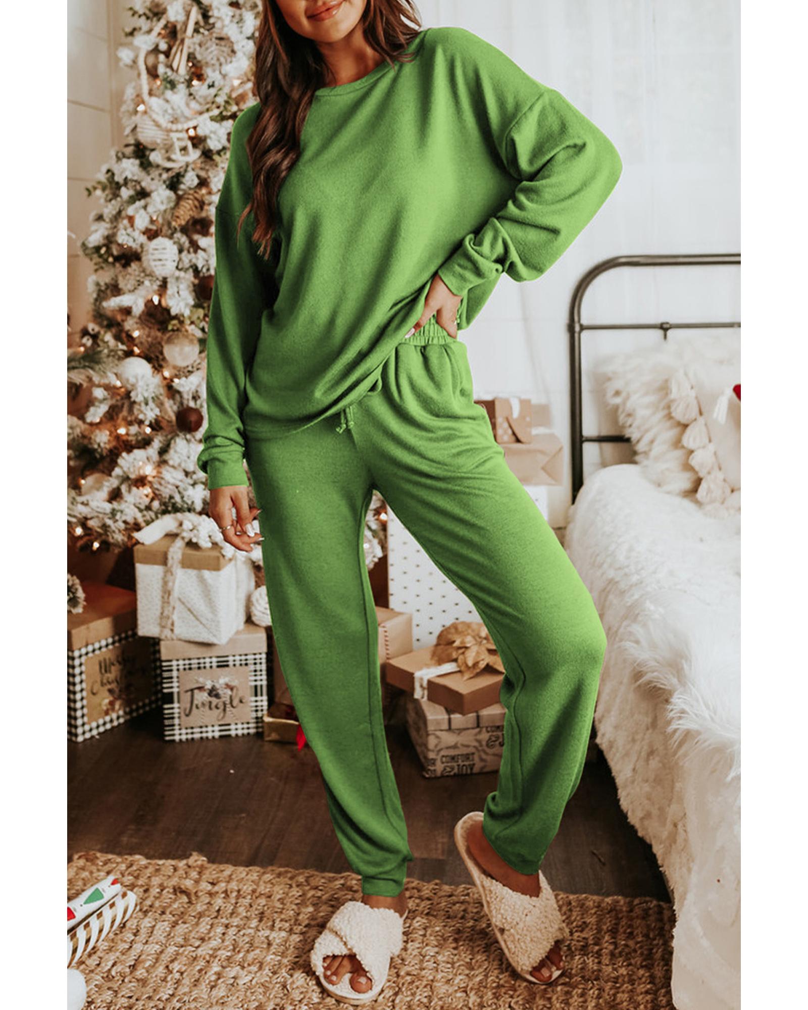 Spinach Green Long Sleeve Pullover and Jogger Pants Lounge Set - S 4