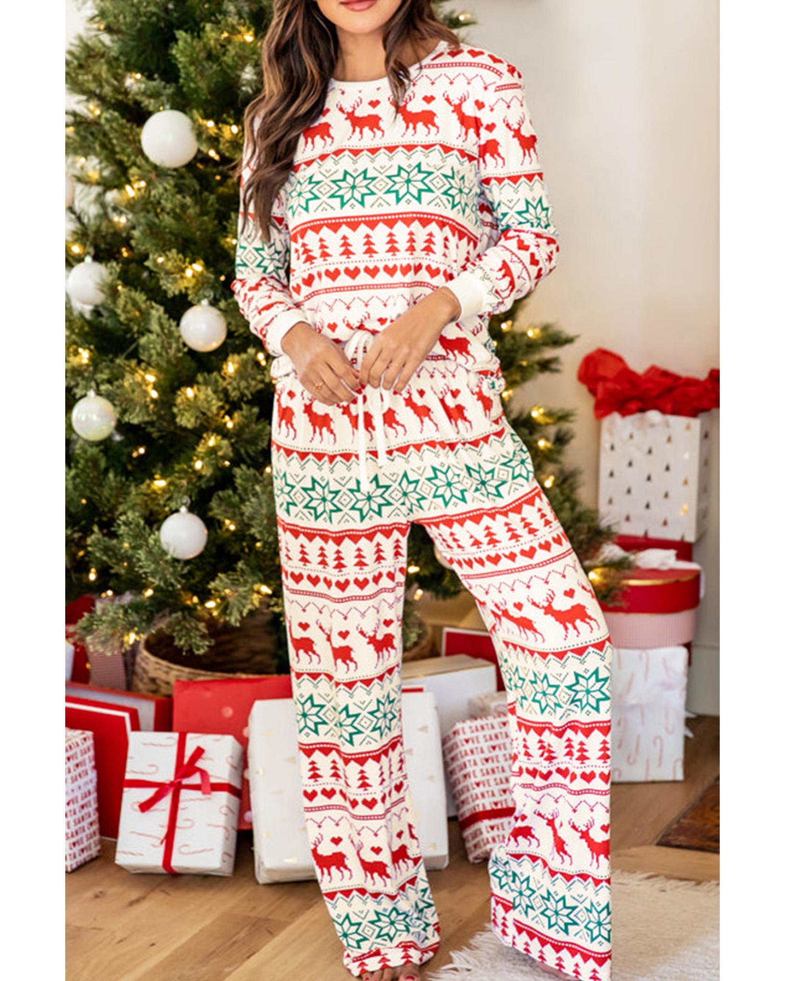 Bright White Christmas Print Pullover and Pants Lounge Set - XL 5