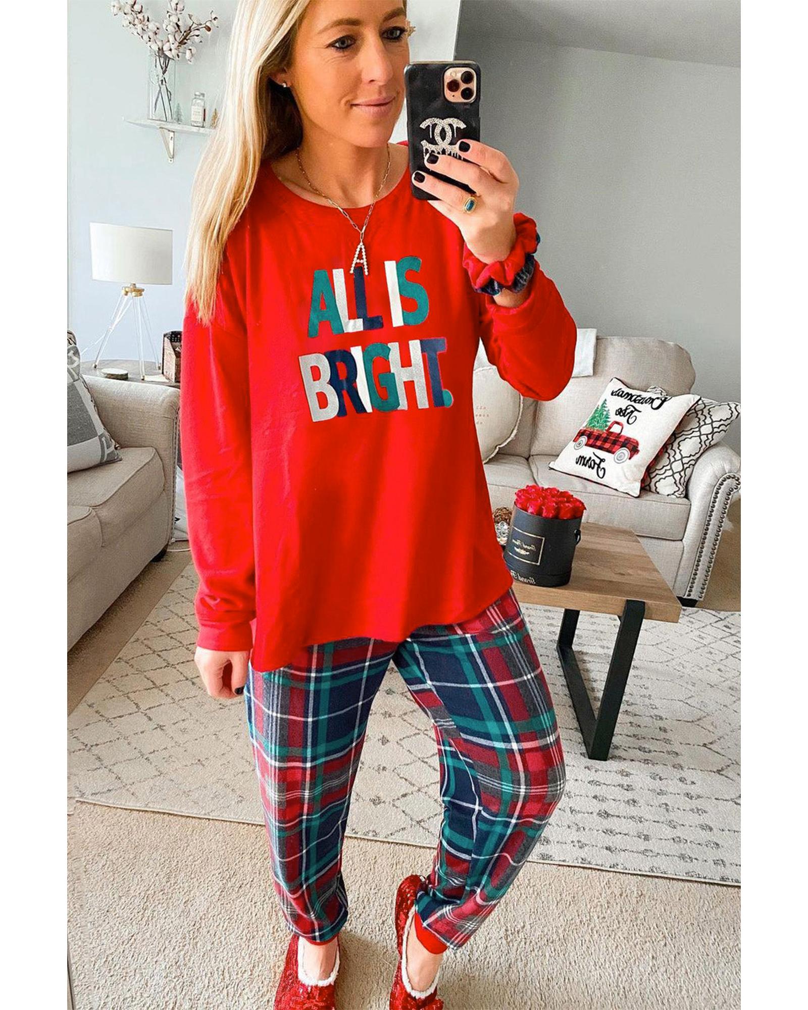 Multicolor ALL IS BRIGHT Graphic Christmas Plaid Pajamas Set - M 5