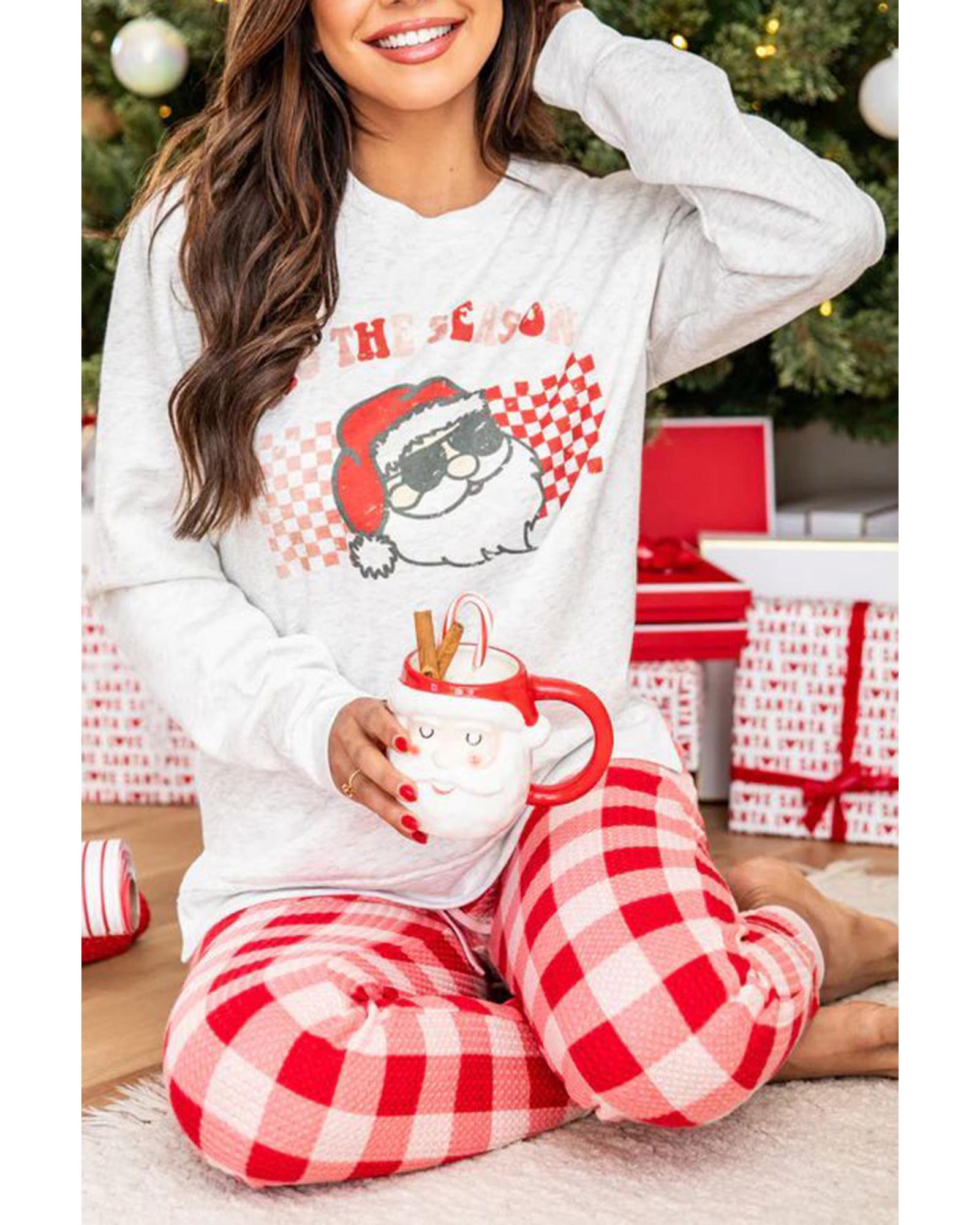 Multicolor Christmas Claus Graphic Top Plaid Pants Lounge Set - M 3