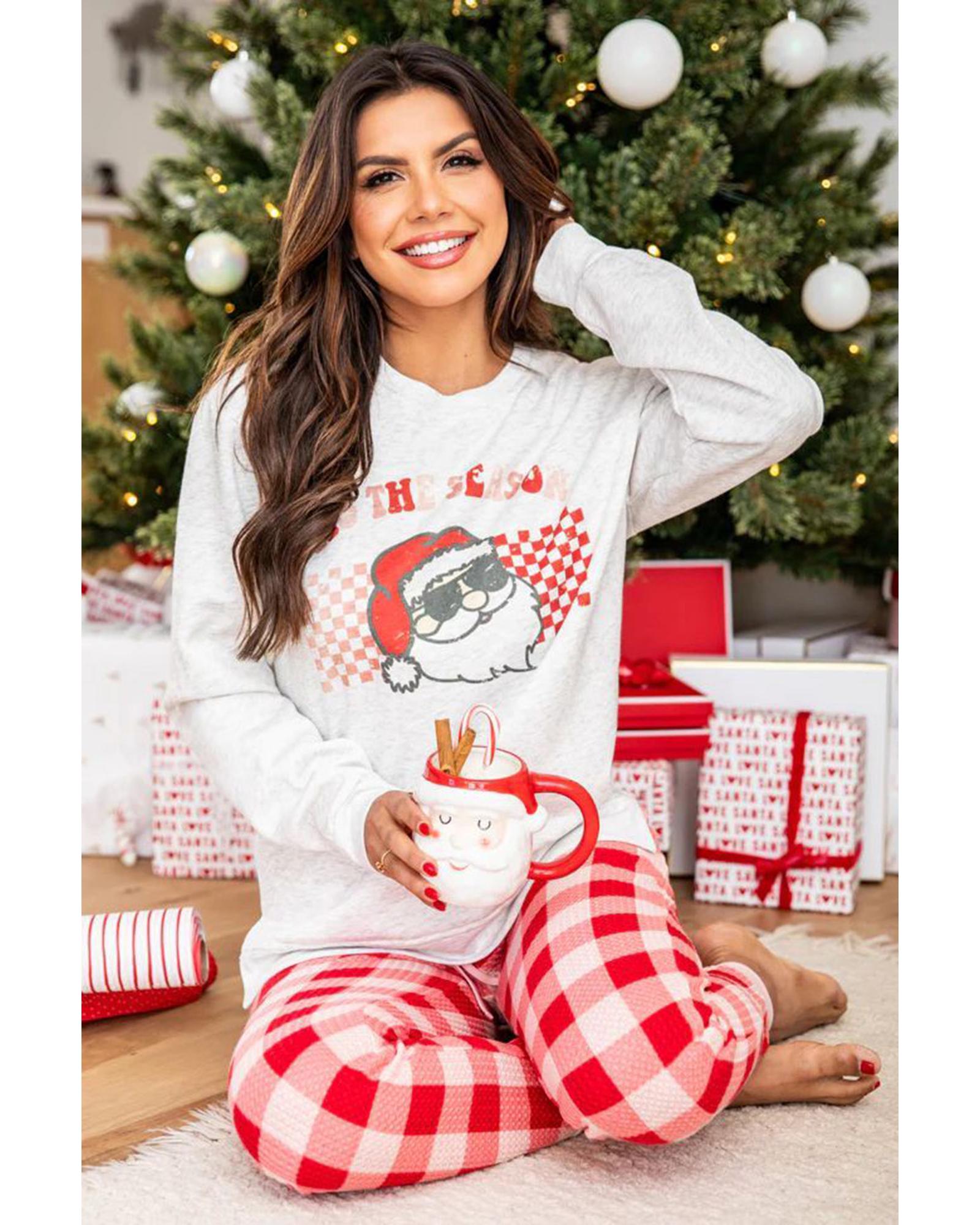 Multicolor Christmas Claus Graphic Top Plaid Pants Lounge Set - M 6