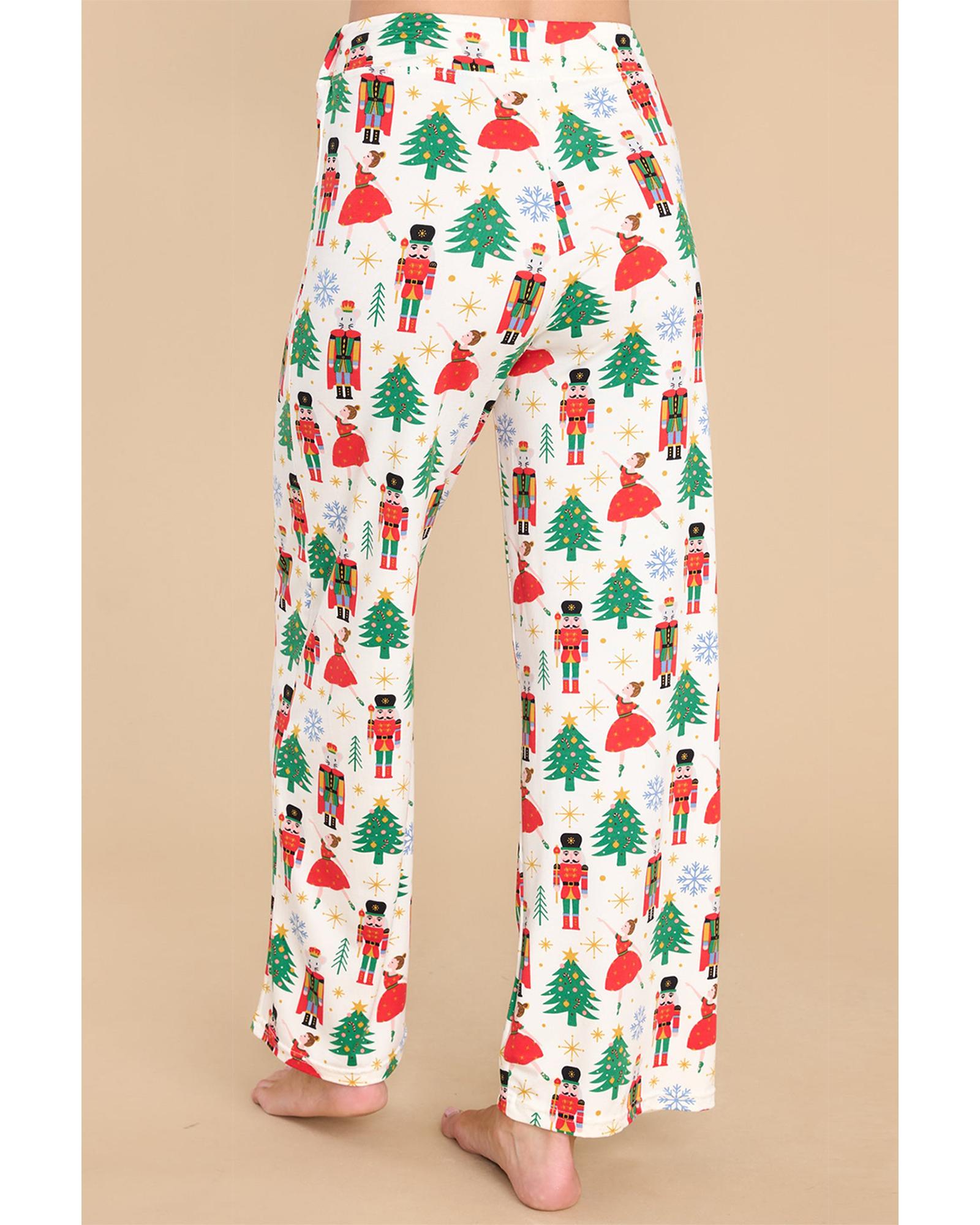 White Printed Christmas Pattern Buttoned Two Piece Sleepwear - L 5
