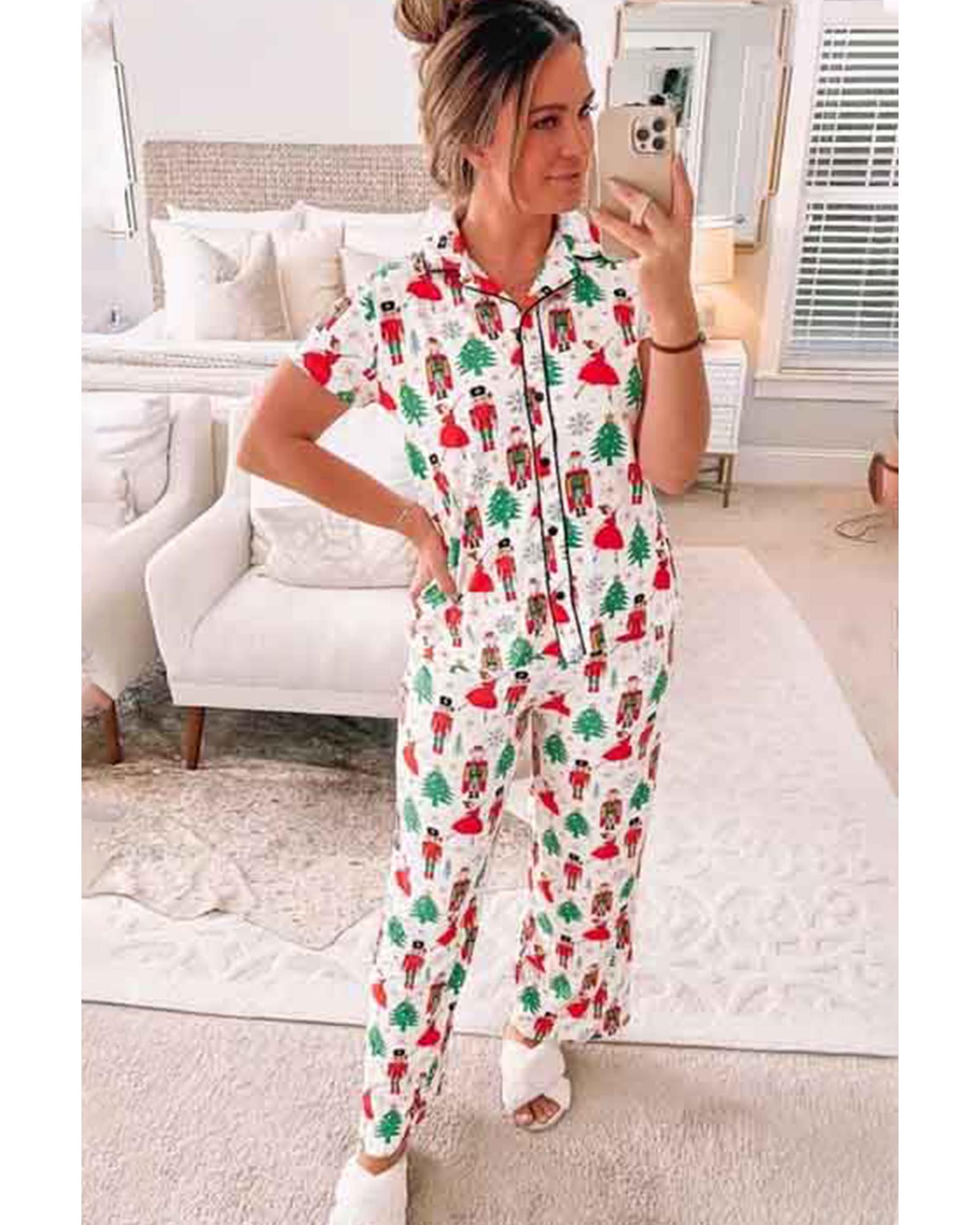White Printed Christmas Pattern Buttoned Two Piece Sleepwear - XL 3