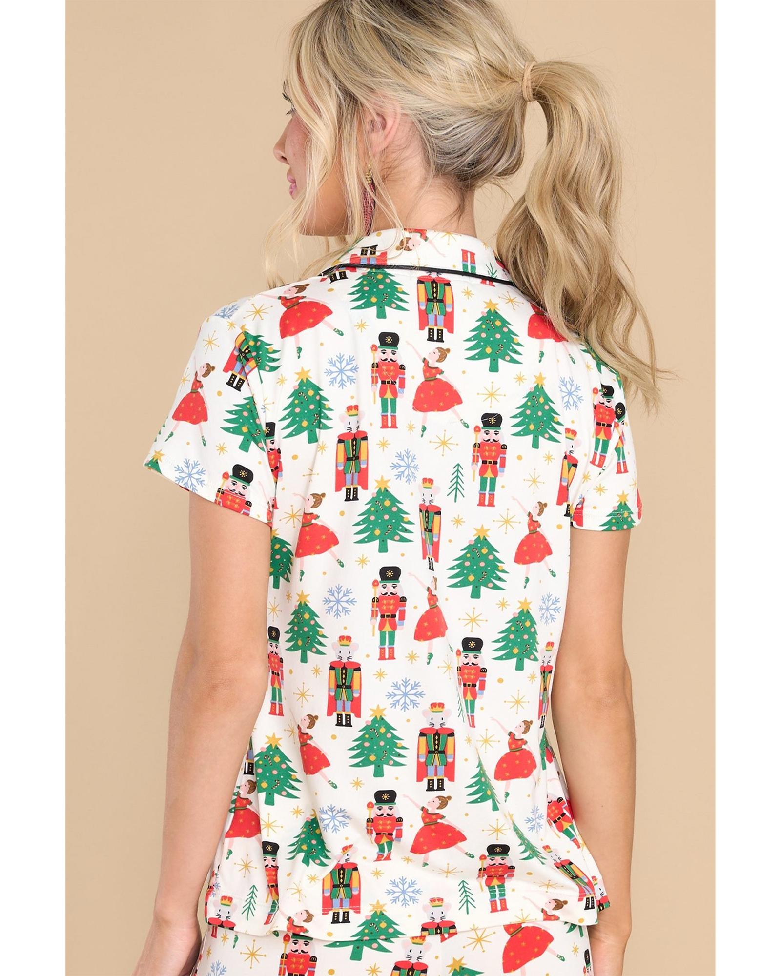 White Printed Christmas Pattern Buttoned Two Piece Sleepwear - XL 4