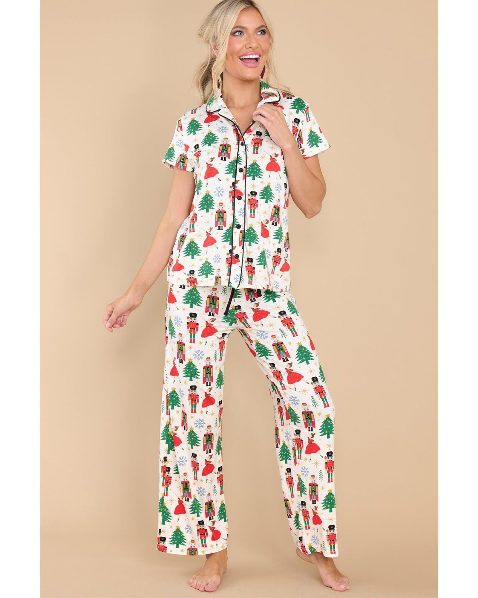 White Printed Christmas Pattern Buttoned Two Piece Sleepwear - XL 6