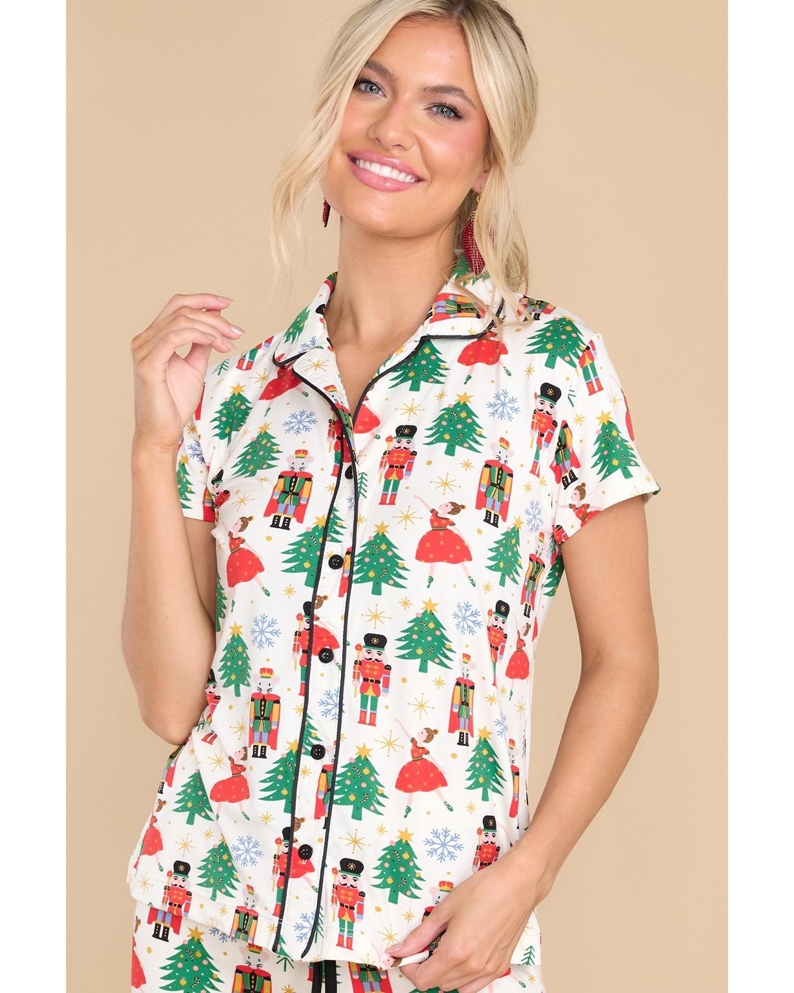 White Printed Christmas Pattern Buttoned Two Piece Sleepwear - XL 7