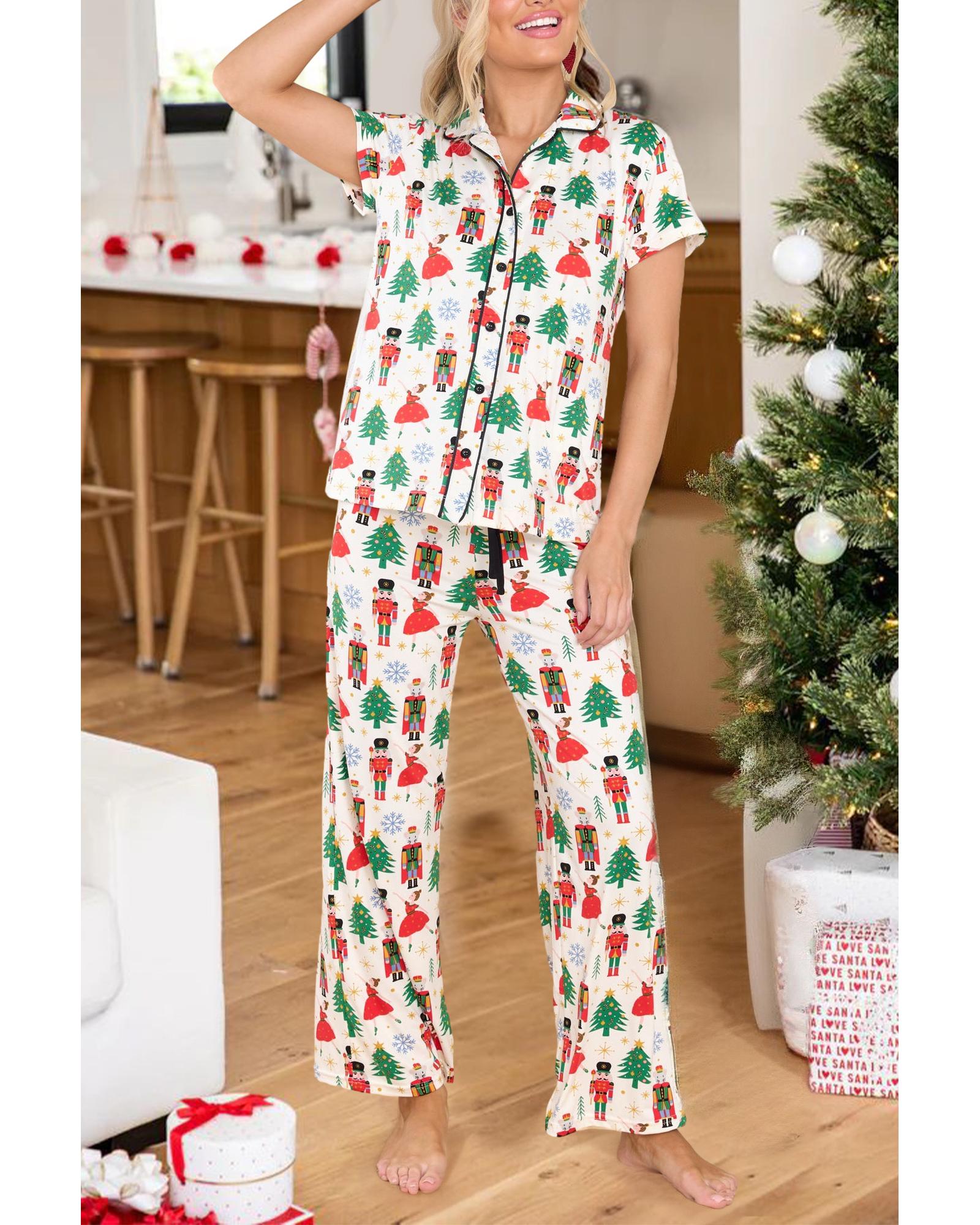 White Printed Christmas Pattern Buttoned Two Piece Sleepwear - XL 8