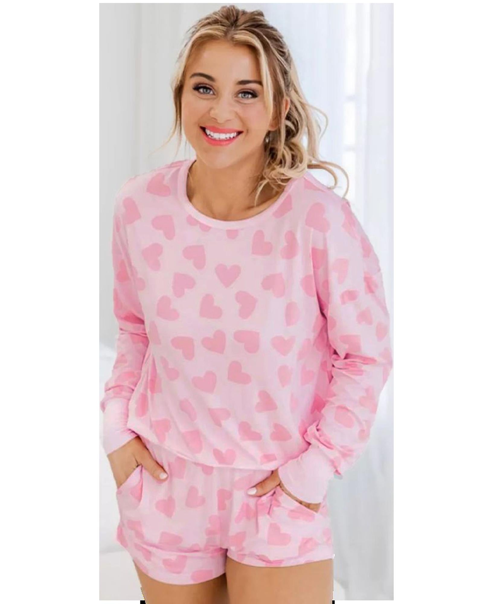 Pink Valentine Heart Shape Print Long Sleeve Top Shorts Lounge Set - M 3