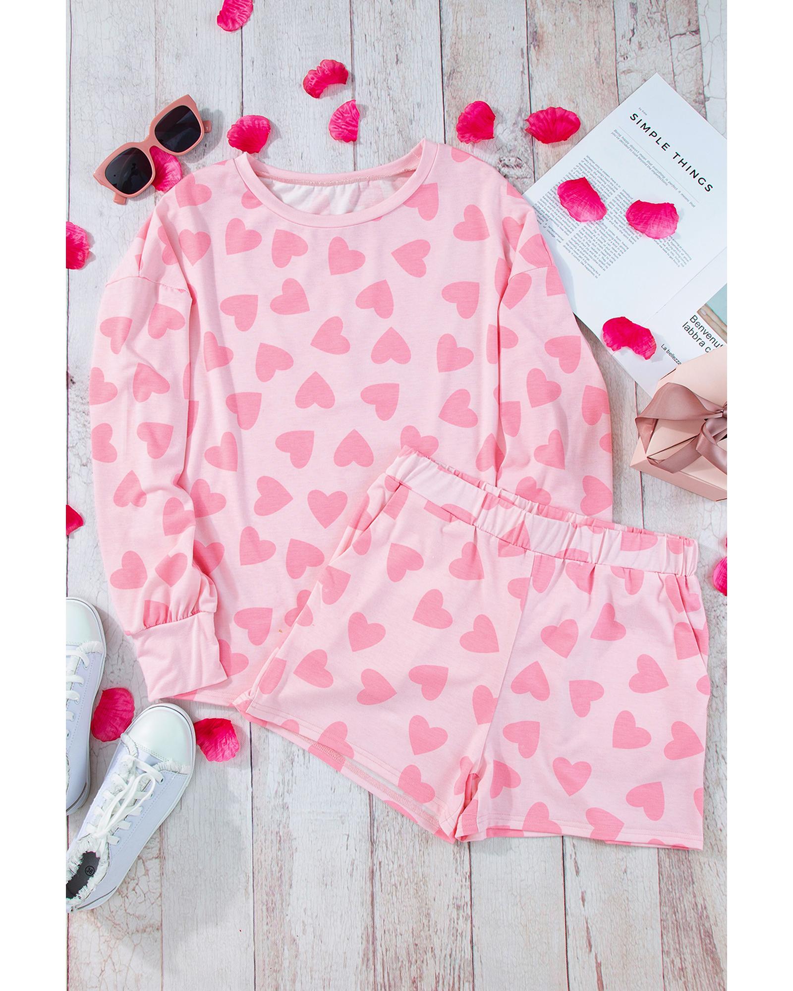 Pink Valentine Heart Shape Print Long Sleeve Top Shorts Lounge Set - M 4