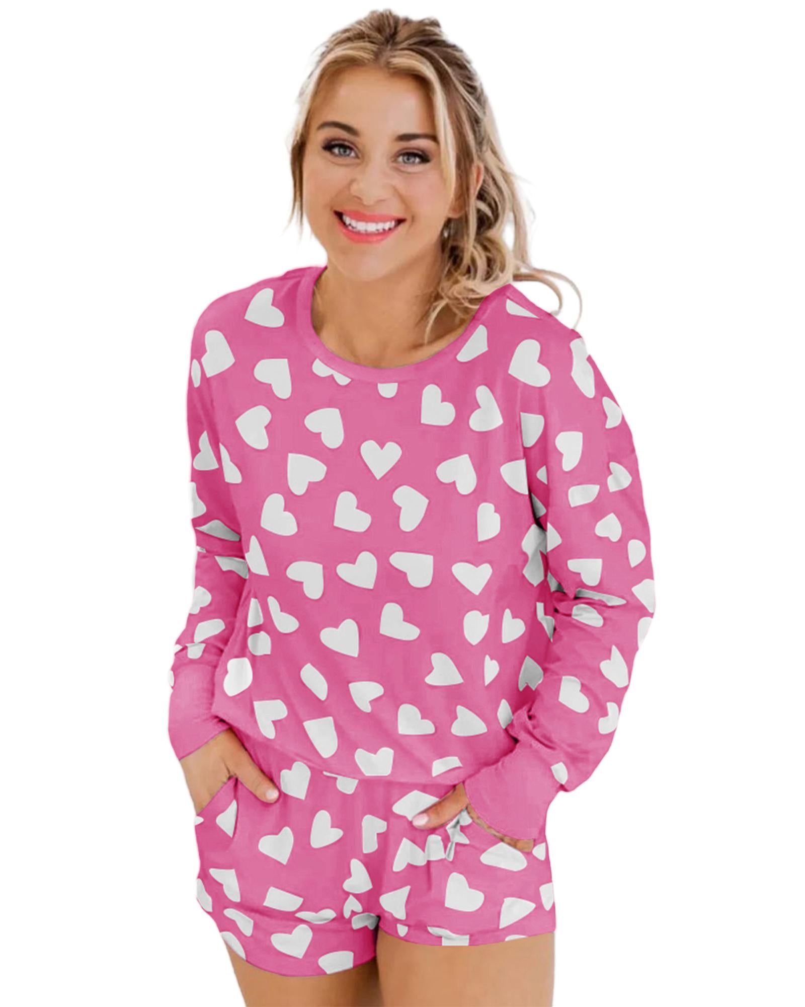 Pink Valentine Heart Shape Print Long Sleeve Top Shorts Lounge Set - S 7