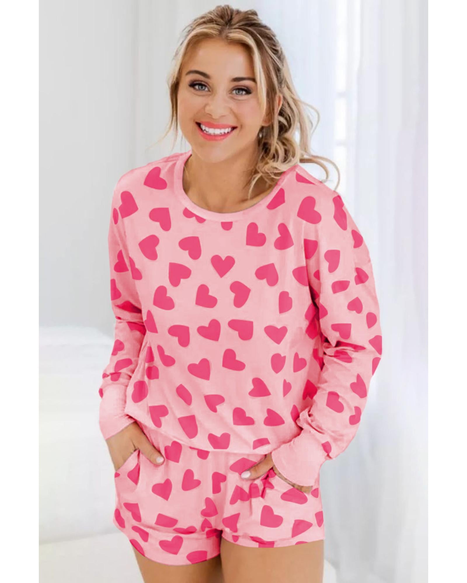 Pink Valentine Heart Shape Print Long Sleeve Top Shorts Lounge Set - XL 6