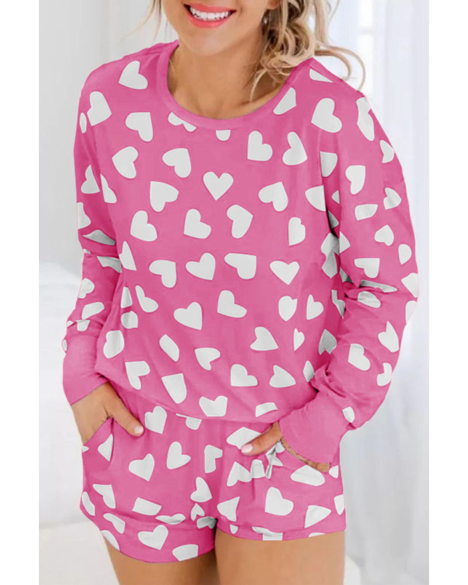 Pink Valentine Heart Shape Print Long Sleeve Top Shorts Lounge Set - XL 7