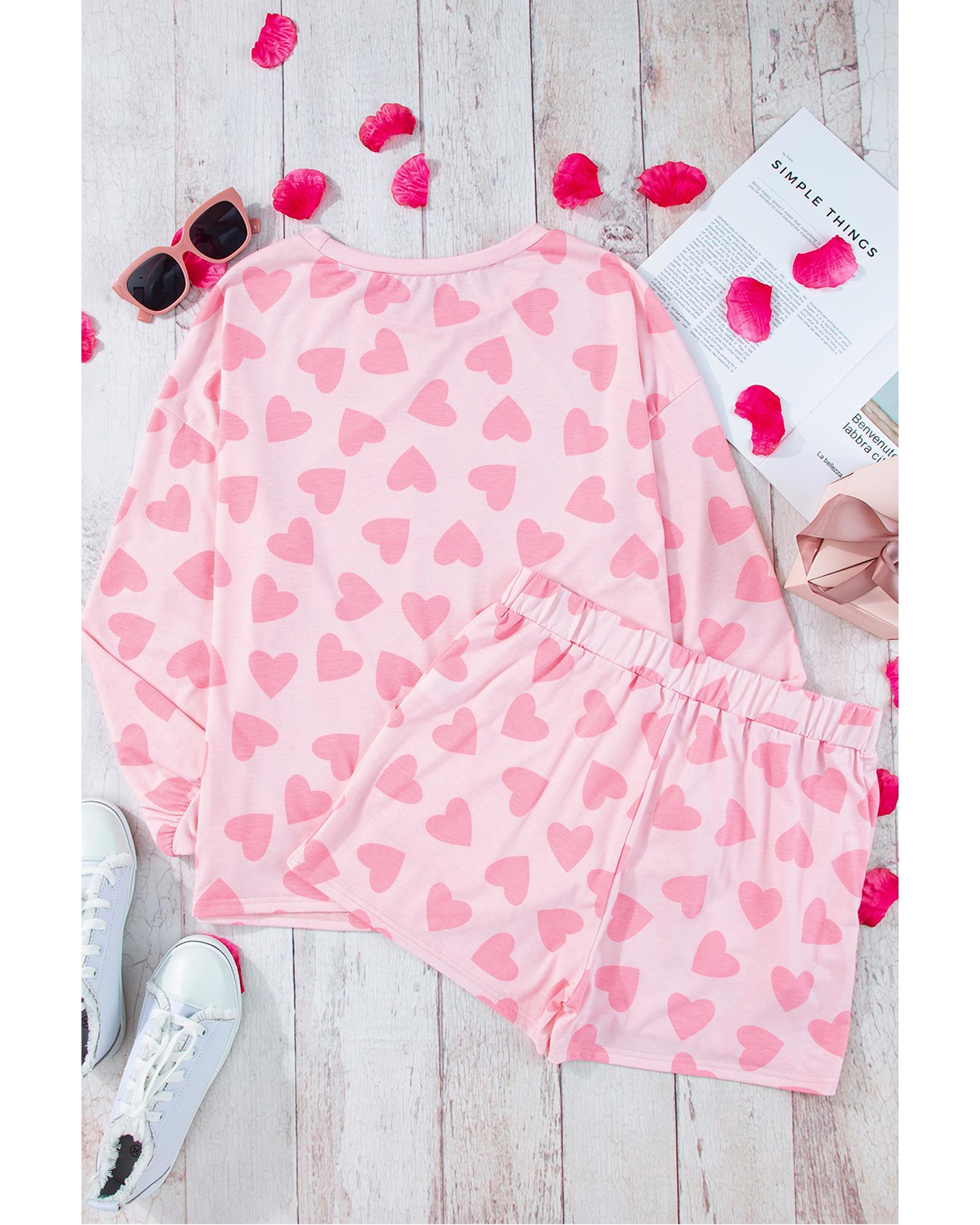 Pink Valentine Heart Shape Print Long Sleeve Top Shorts Lounge Set - XL 8