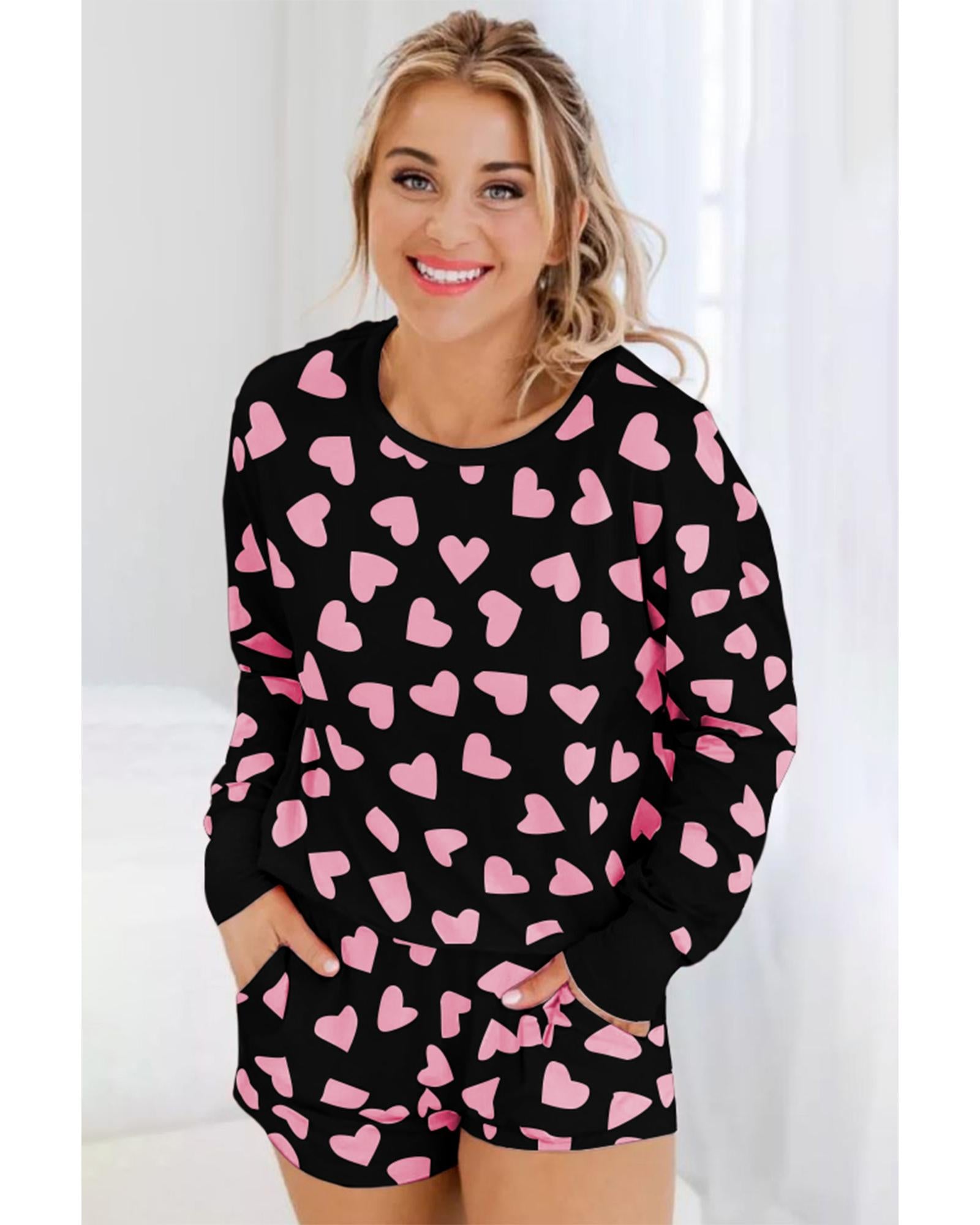 Black Valentine Heart Shape Print Long Sleeve Top Shorts Lounge Set - M