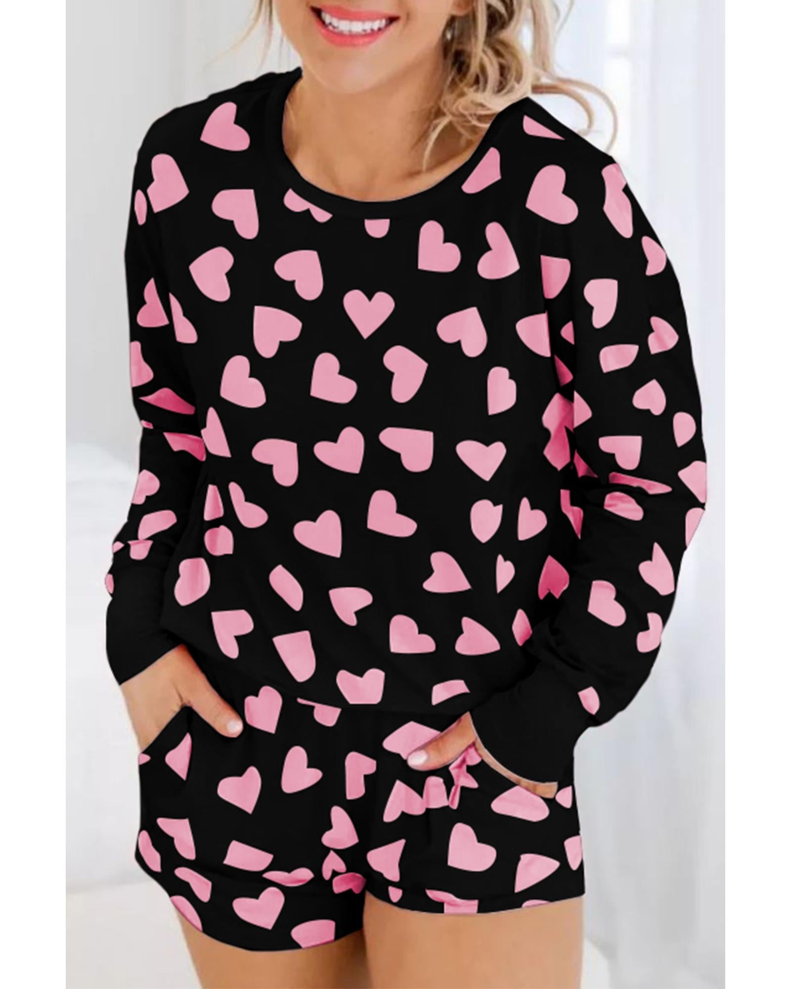 Black Valentine Heart Shape Print Long Sleeve Top Shorts Lounge Set - M 3