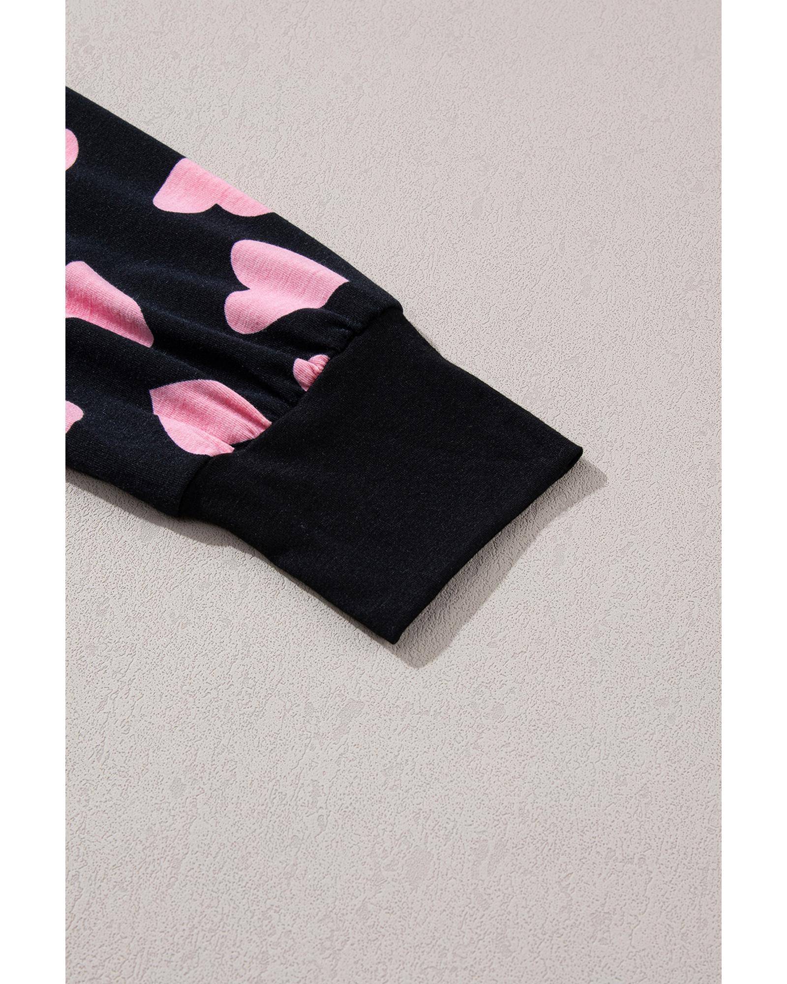 Black Valentine Heart Shape Print Long Sleeve Top Shorts Lounge Set - S 7