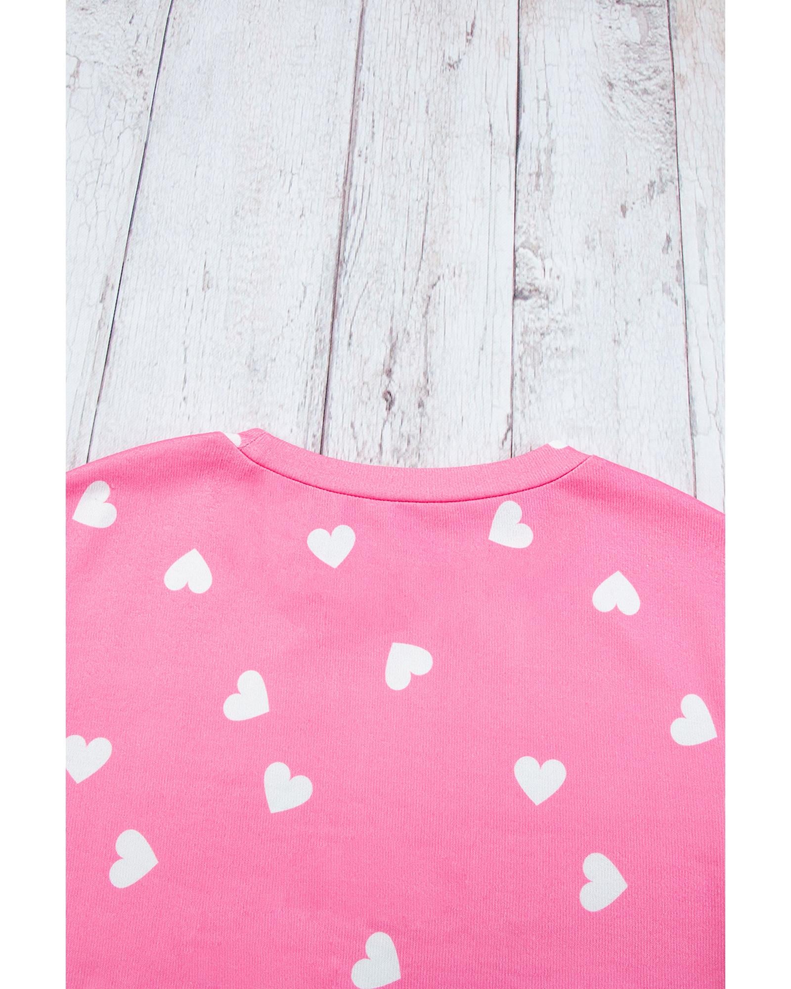 Pink Valentine Heart Print Long Sleeve Tee and Shorts Lounge Set - S 3