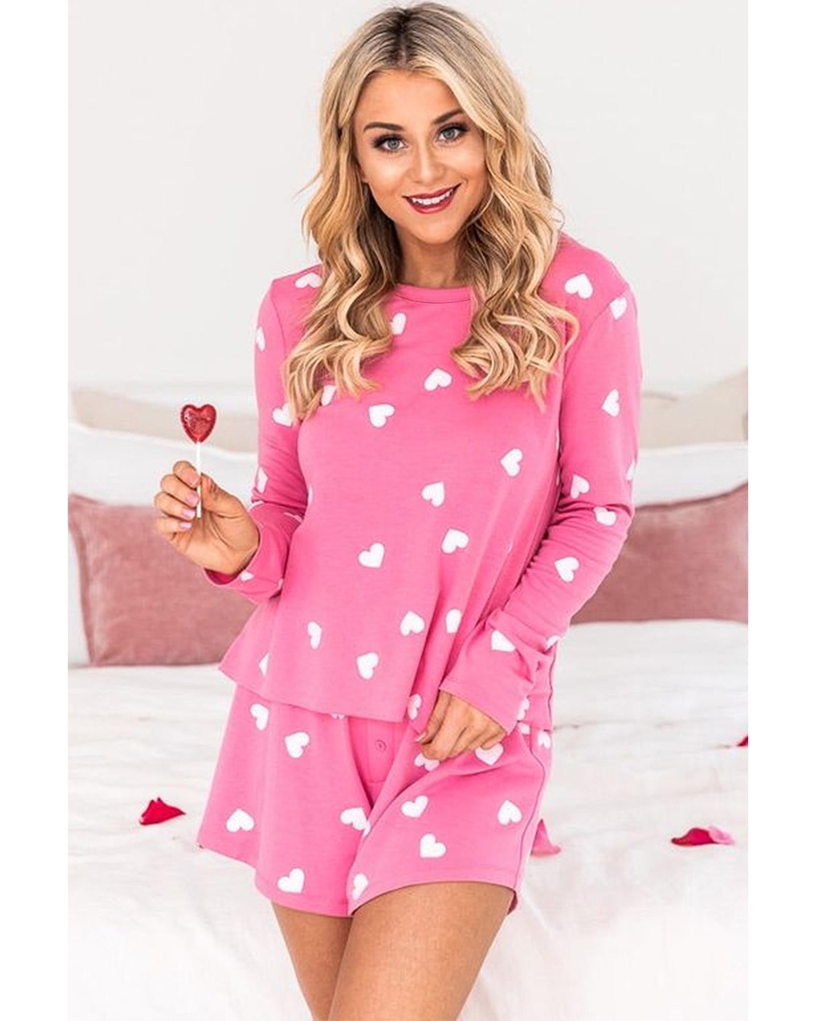 Pink Valentine Heart Print Long Sleeve Tee and Shorts Lounge Set - S 6