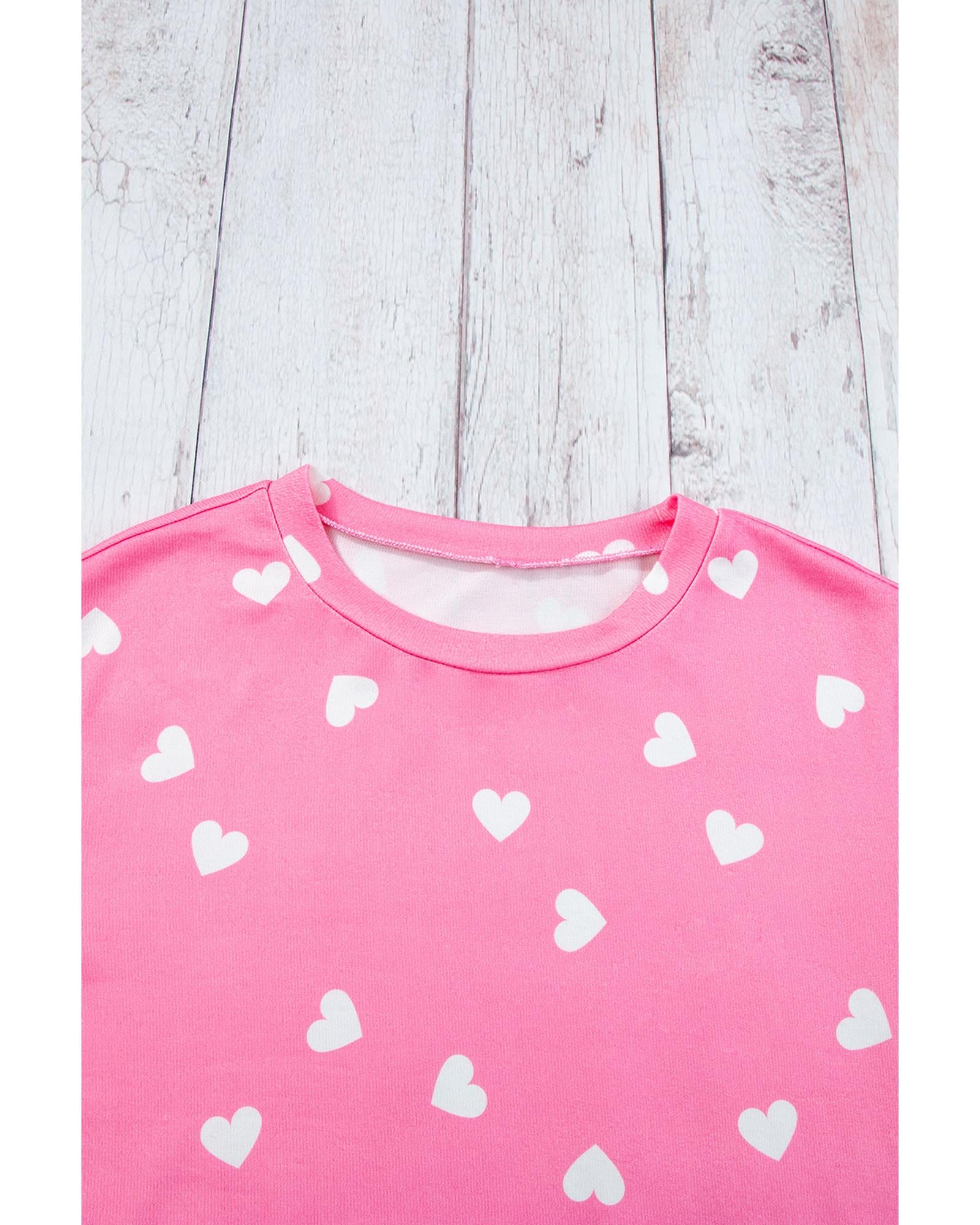Pink Valentine Heart Print Long Sleeve Tee and Shorts Lounge Set - S 7