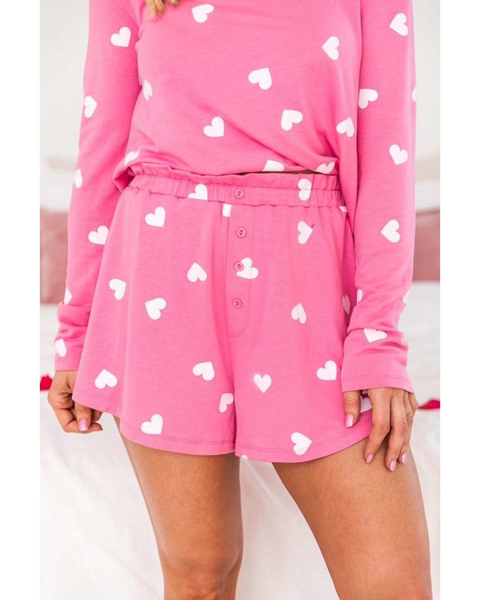 Pink Valentine Heart Print Long Sleeve Tee and Shorts Lounge Set - XL 4