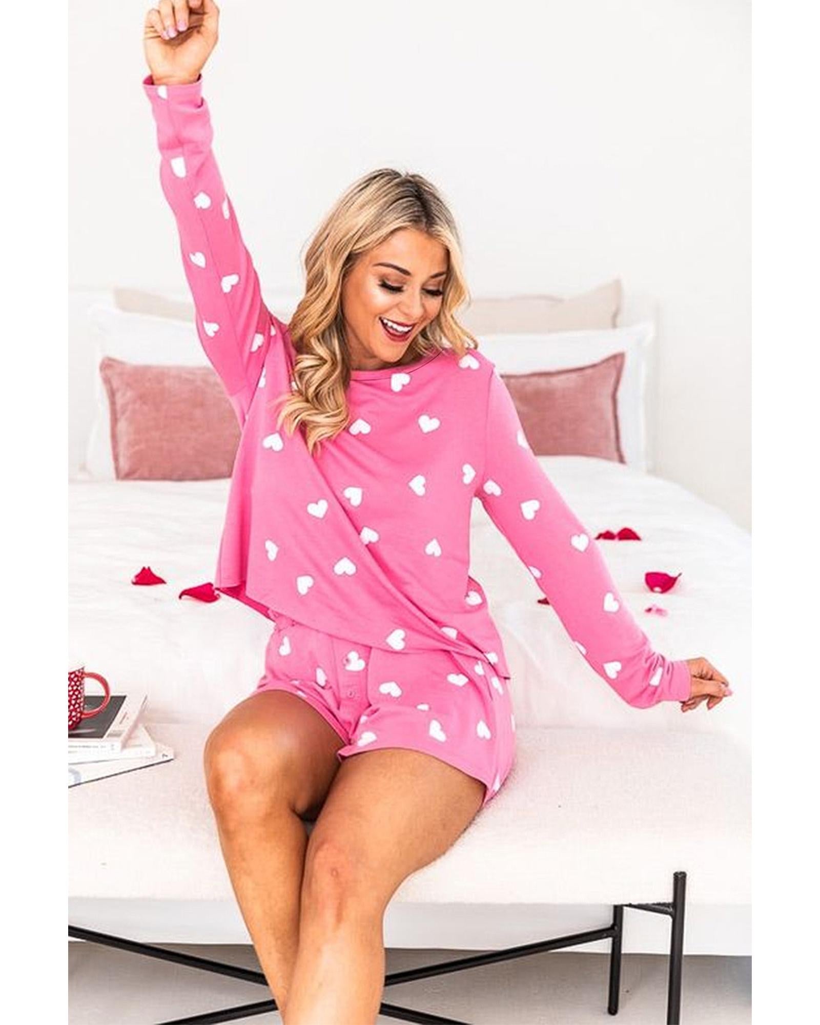 Pink Valentine Heart Print Long Sleeve Tee and Shorts Lounge Set - XL 7