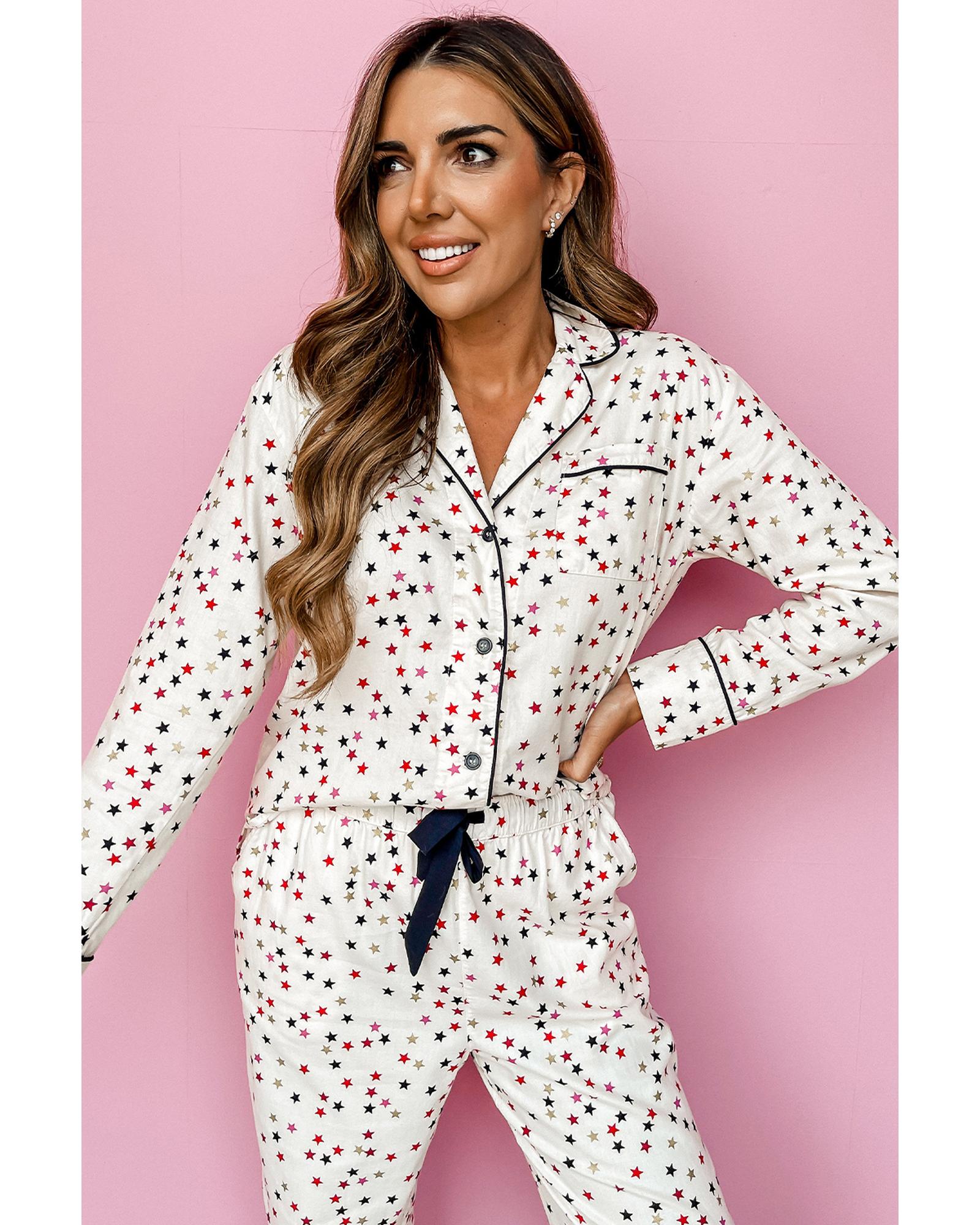 White Contrast Pipping Star Long Sleeve and Pants Pajamas Set - L 6
