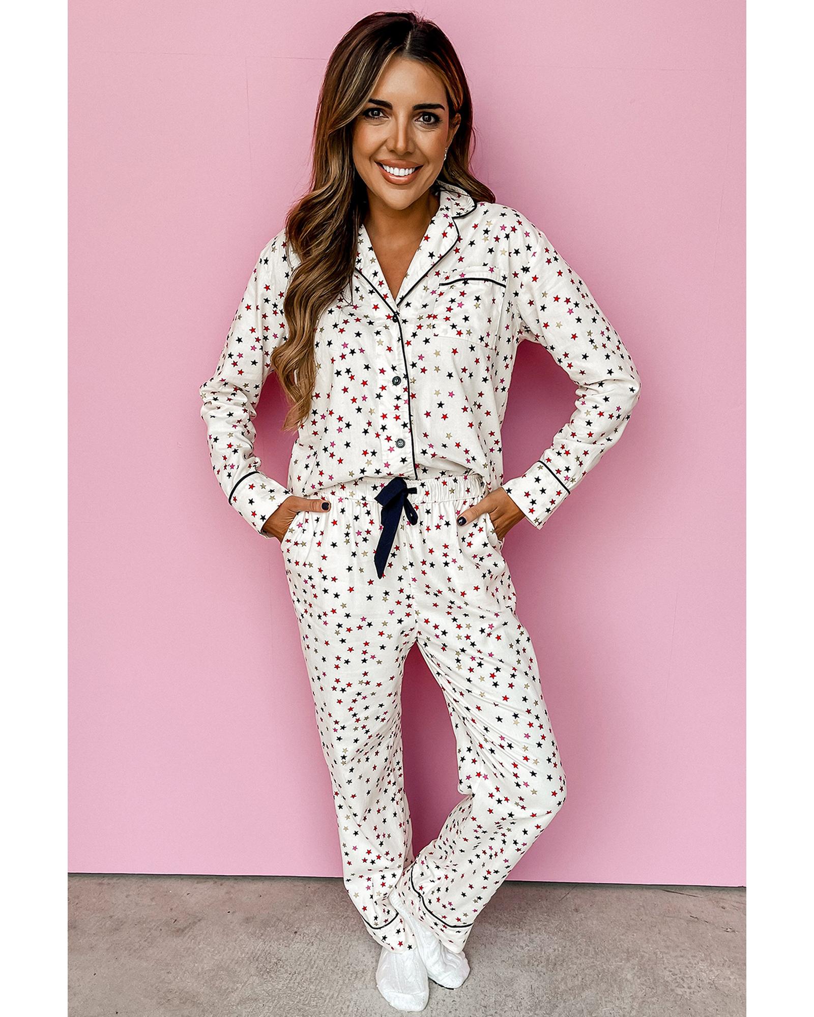 White Contrast Pipping Star Long Sleeve and Pants Pajamas Set - XL 4