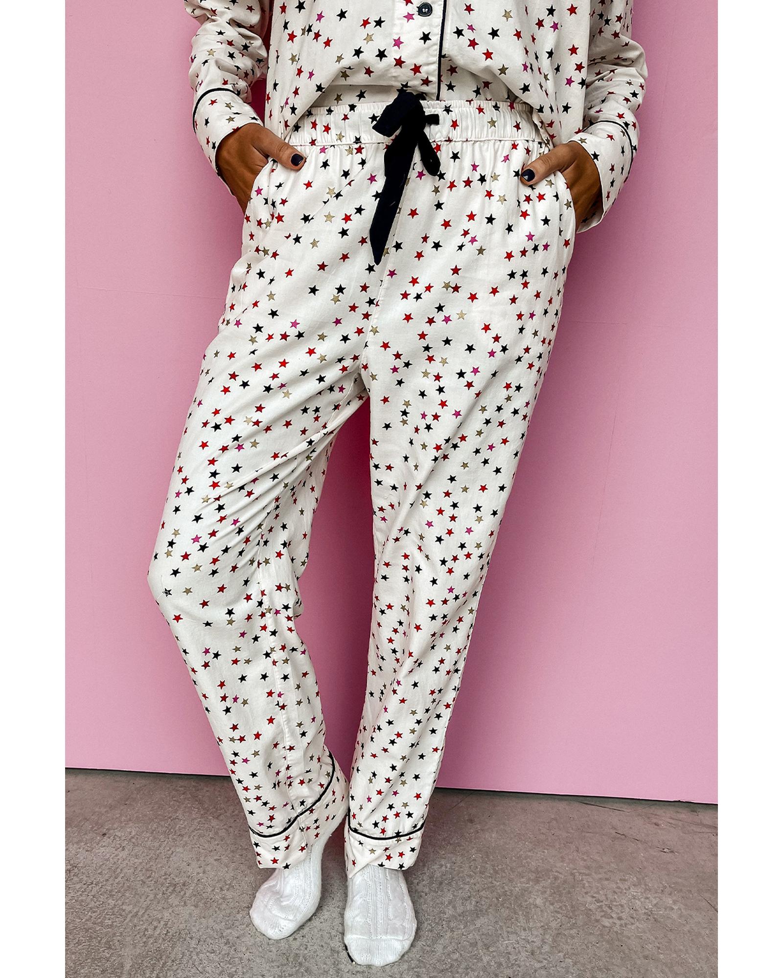 White Contrast Pipping Star Long Sleeve and Pants Pajamas Set - XL 7