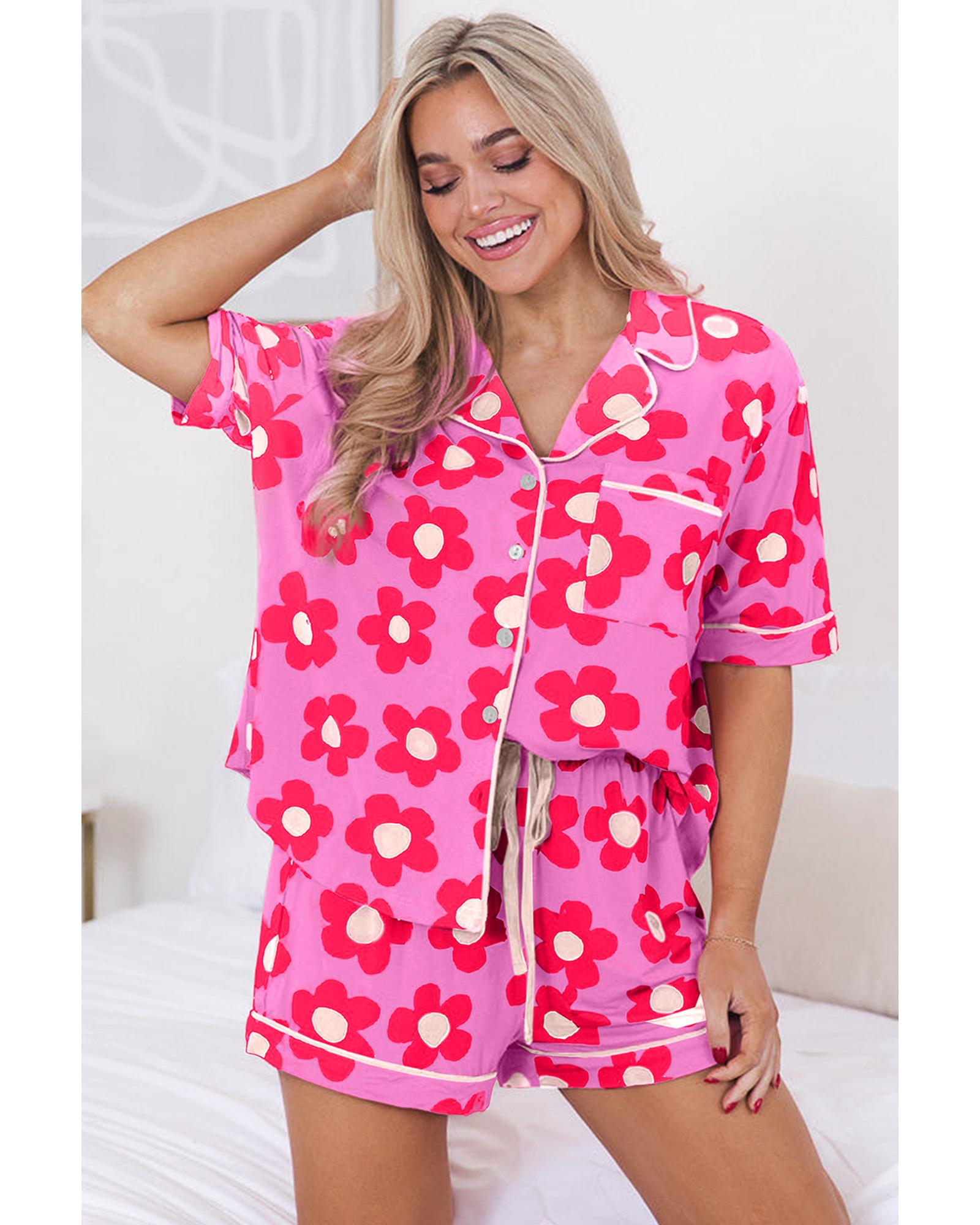 Pink Flower Print Short Sleeve Shirt Pajamas Set - L 4
