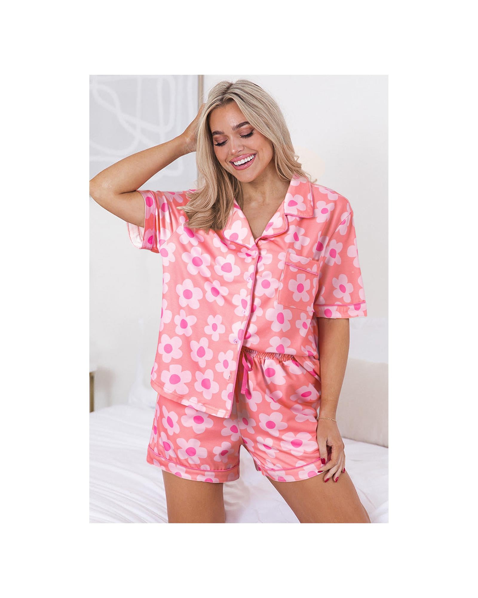 Pink Flower Print Short Sleeve Shirt Pajamas Set - M 7