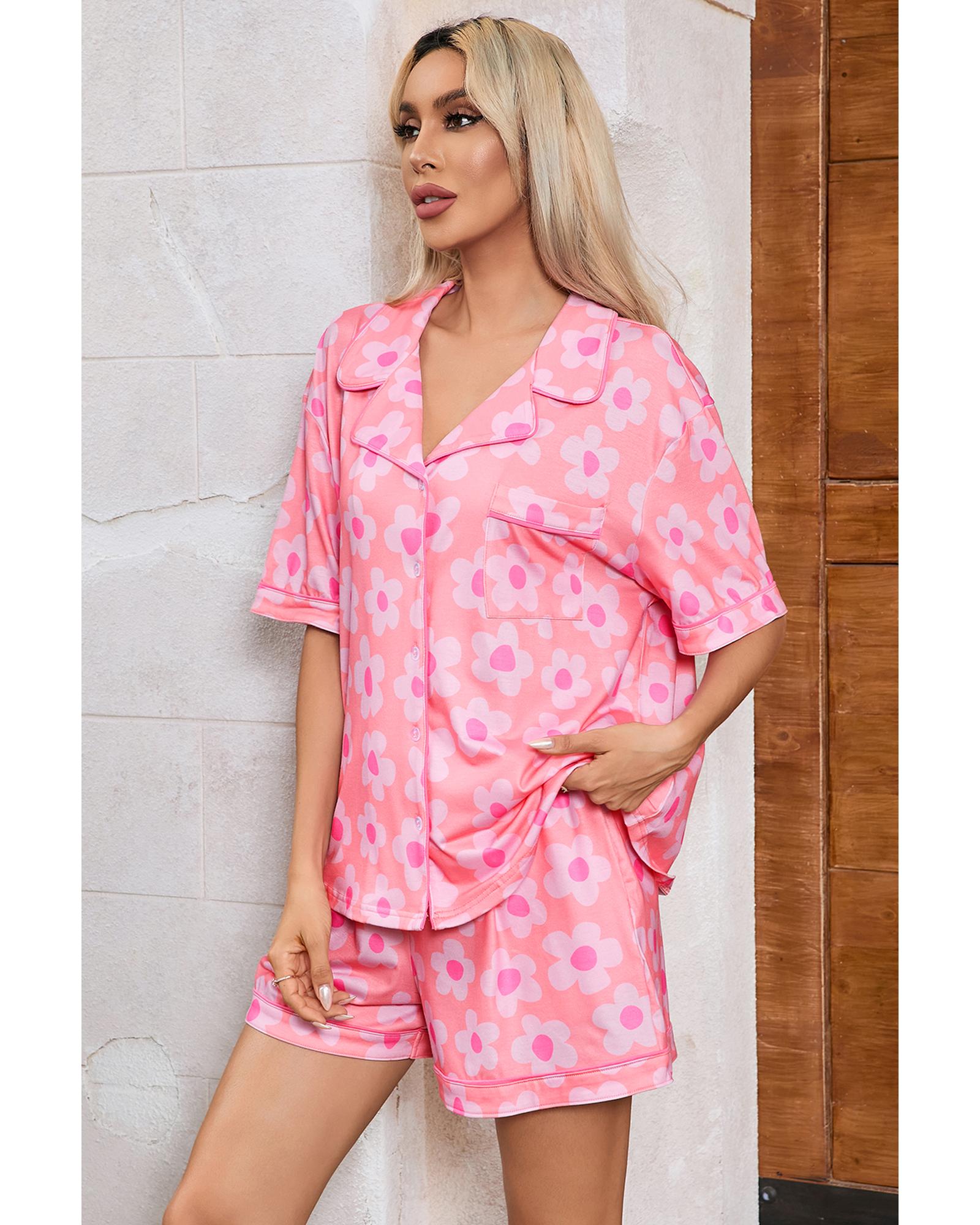Pink Flower Print Short Sleeve Shirt Pajamas Set - XL 6