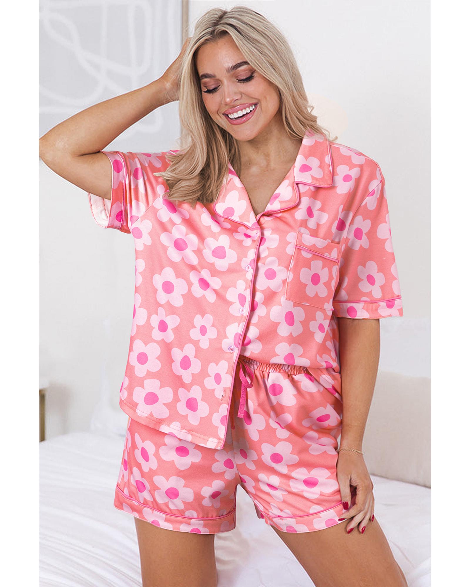 Pink Flower Print Short Sleeve Shirt Pajamas Set - XL 7