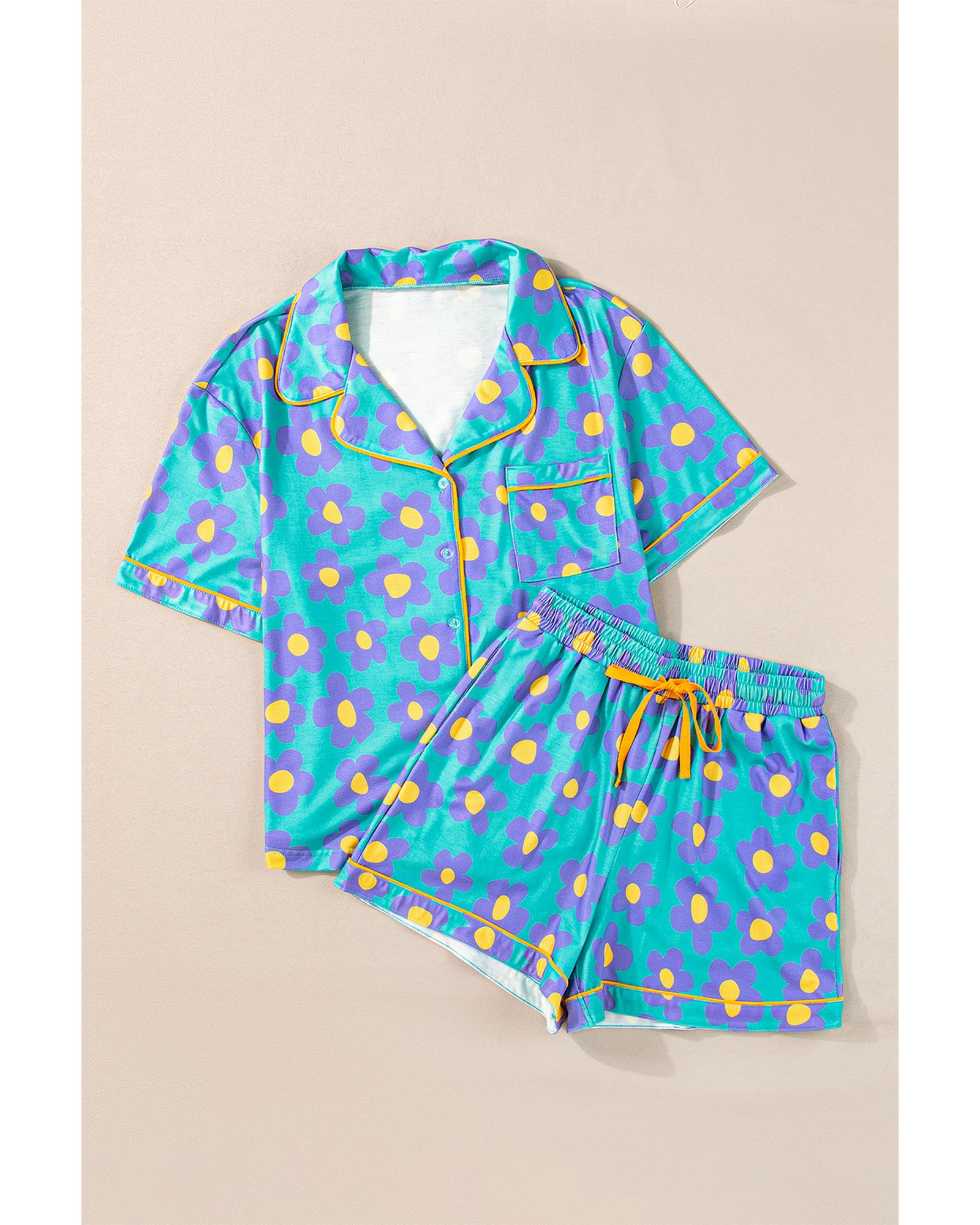 Green Flower Print Short Sleeve Shirt Pajamas Set - L 3