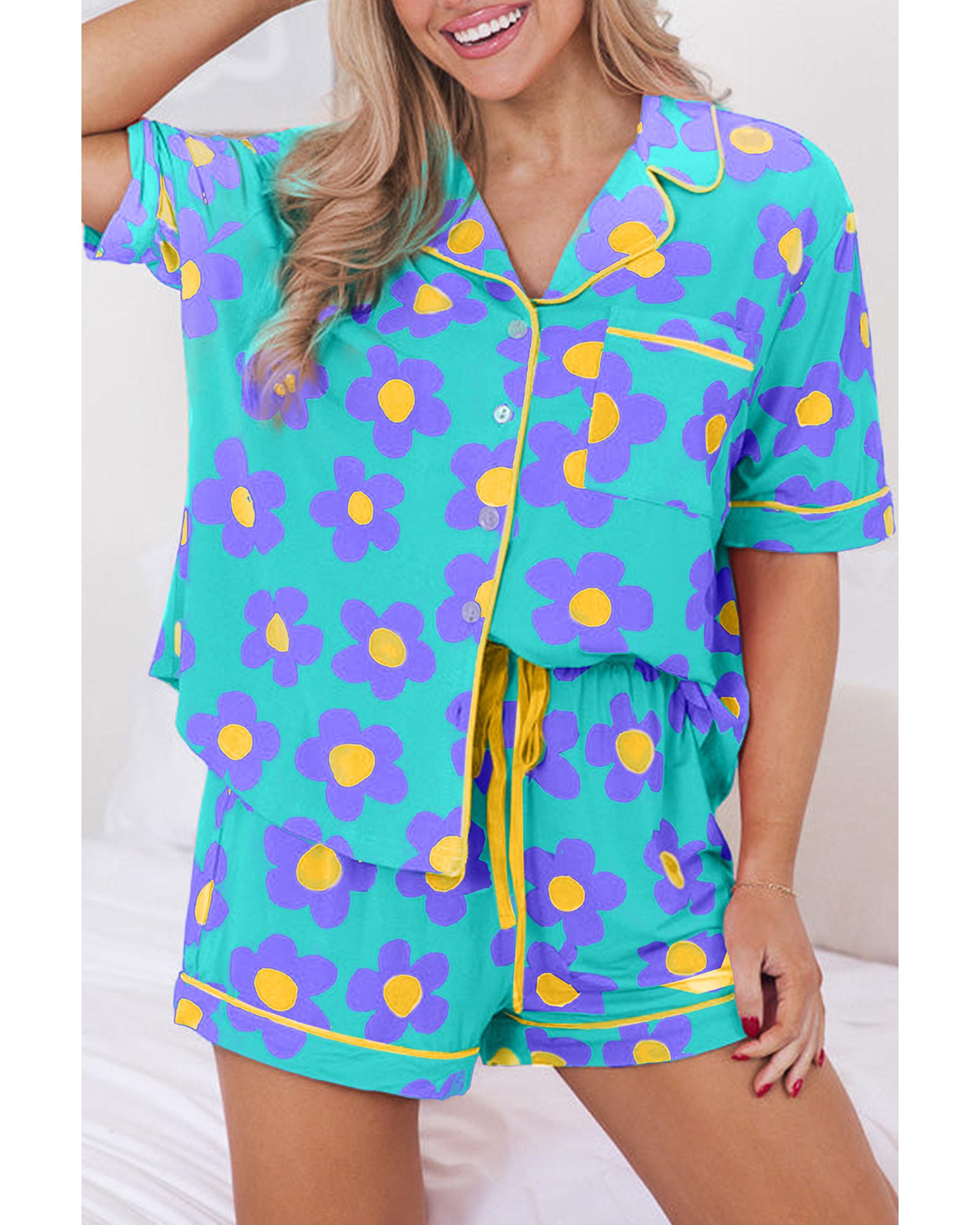 Green Flower Print Short Sleeve Shirt Pajamas Set - L 4