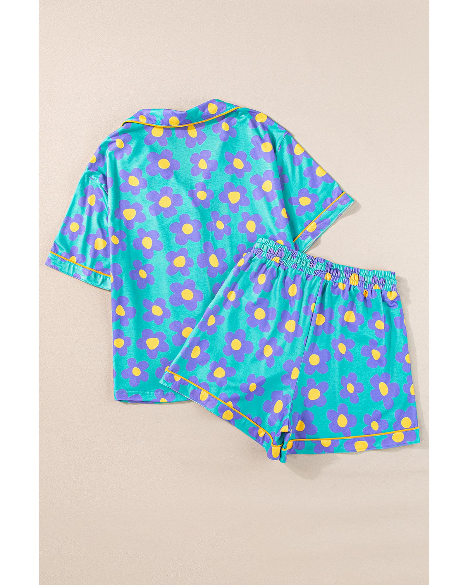 Green Flower Print Short Sleeve Shirt Pajamas Set - L 5