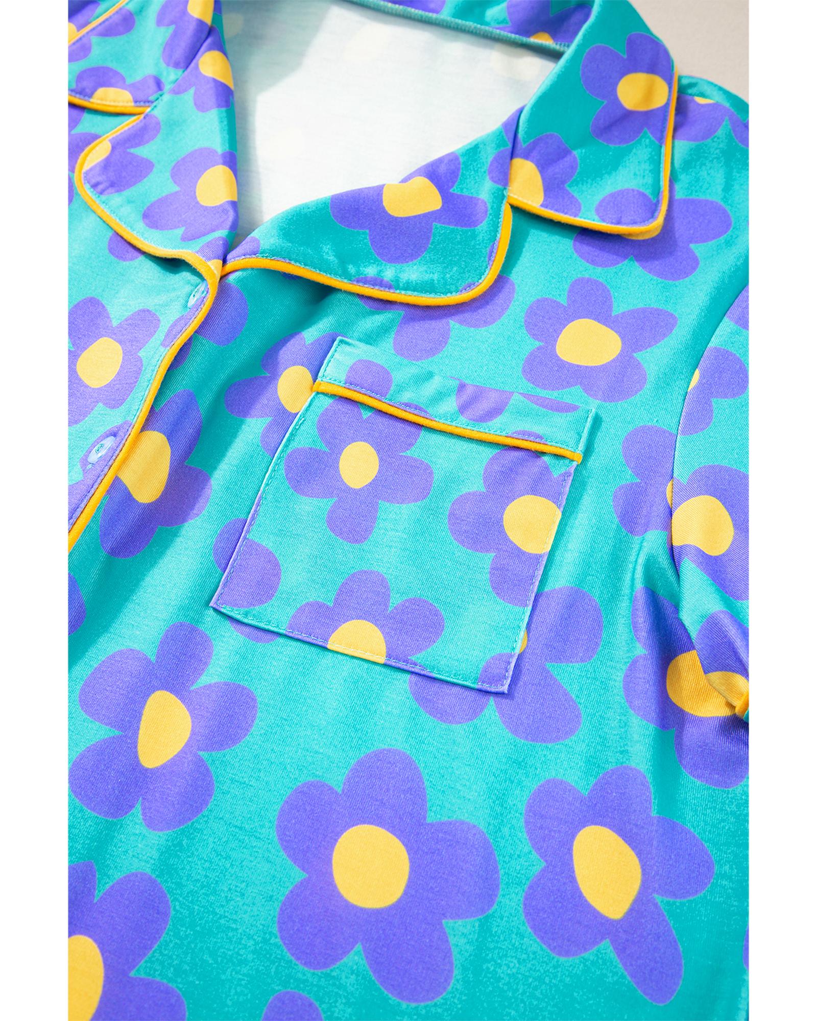 Green Flower Print Short Sleeve Shirt Pajamas Set - L 6