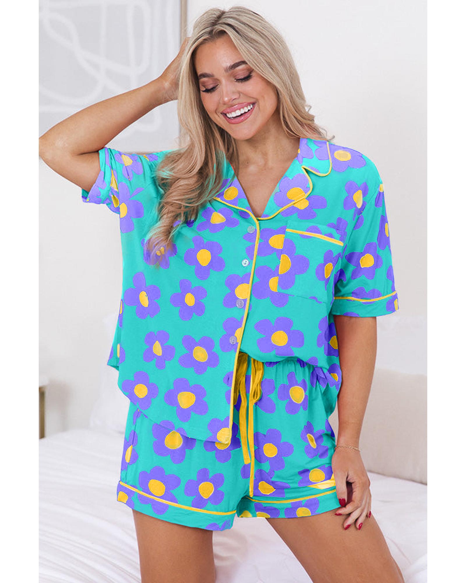 Green Flower Print Short Sleeve Shirt Pajamas Set - L 7