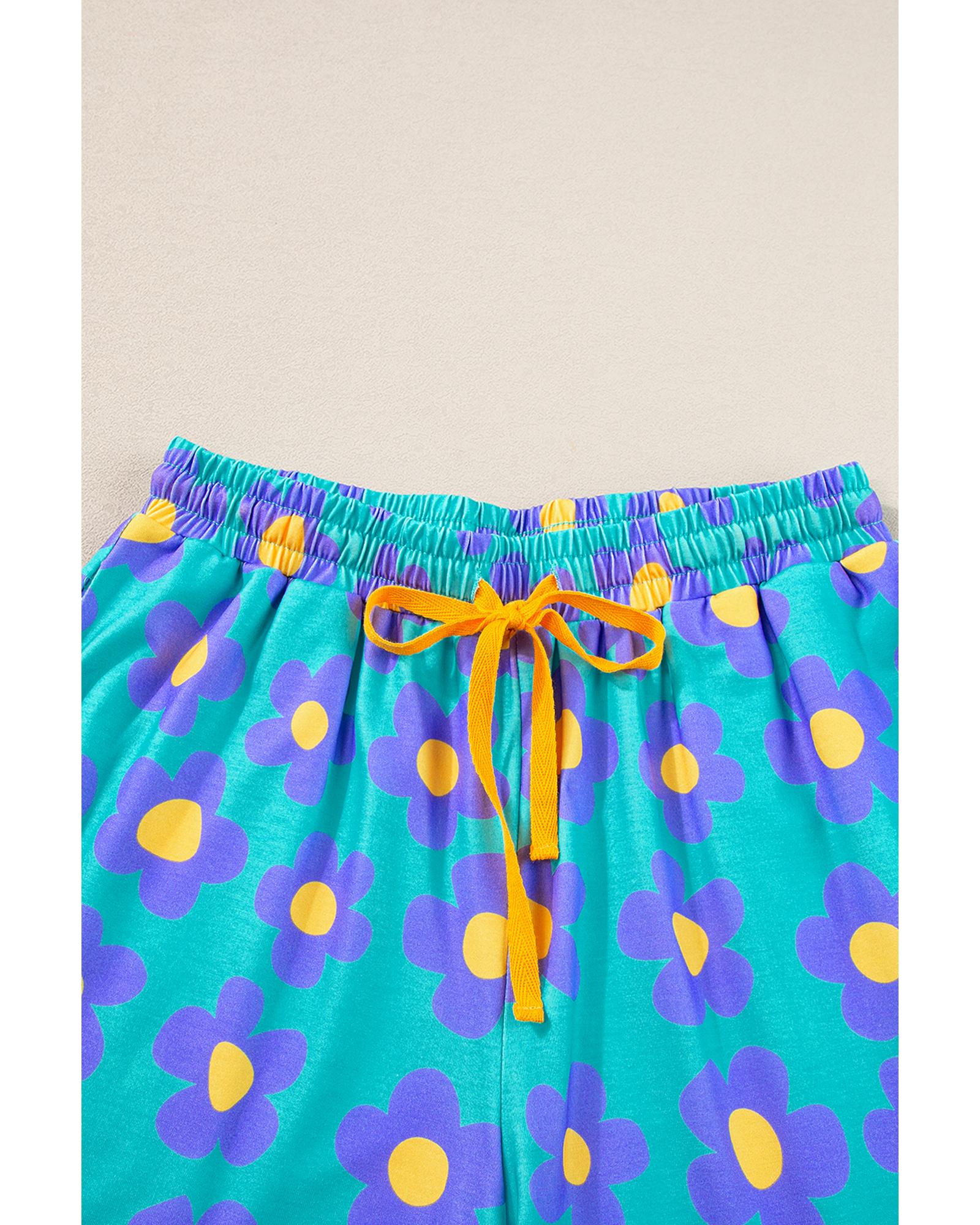 Green Flower Print Short Sleeve Shirt Pajamas Set - L 8