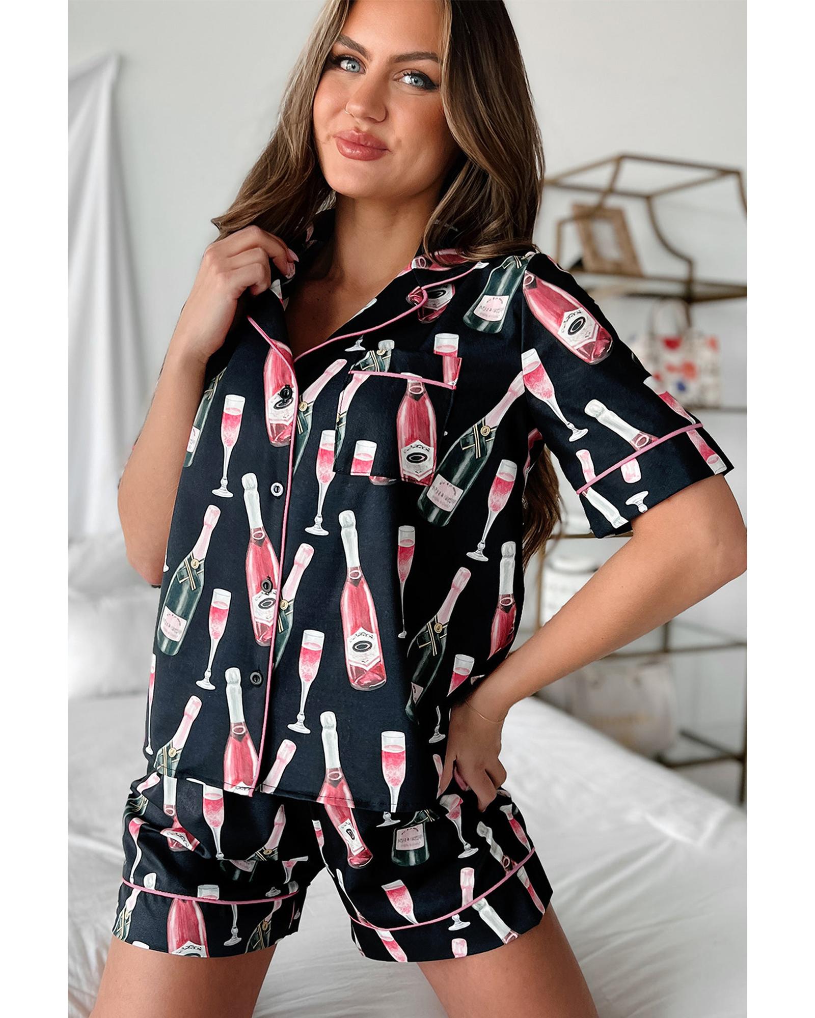 Black Champagne Print Silky Short Sleeve Pajamas Set - L 3
