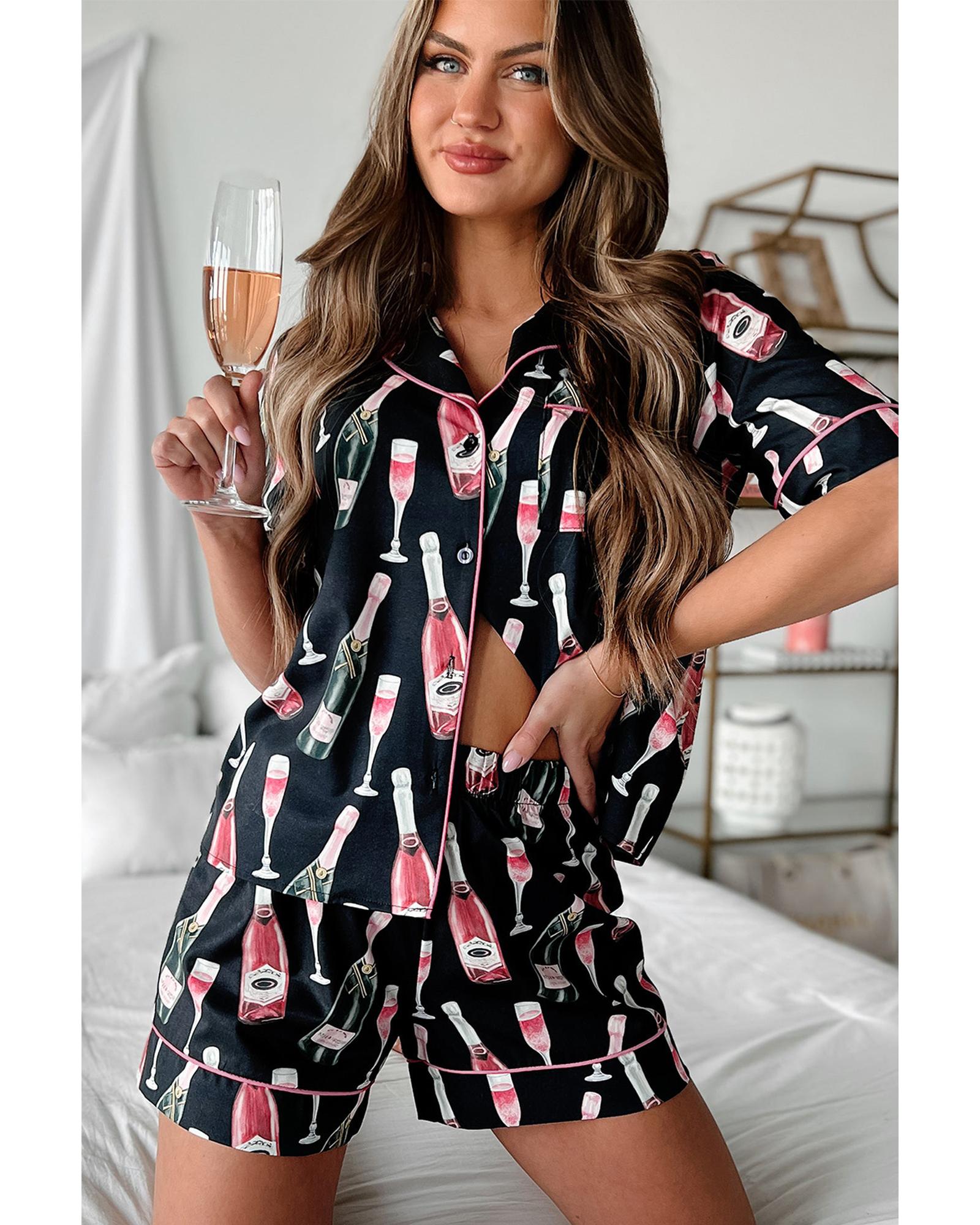 Black Champagne Print Silky Short Sleeve Pajamas Set - L 4