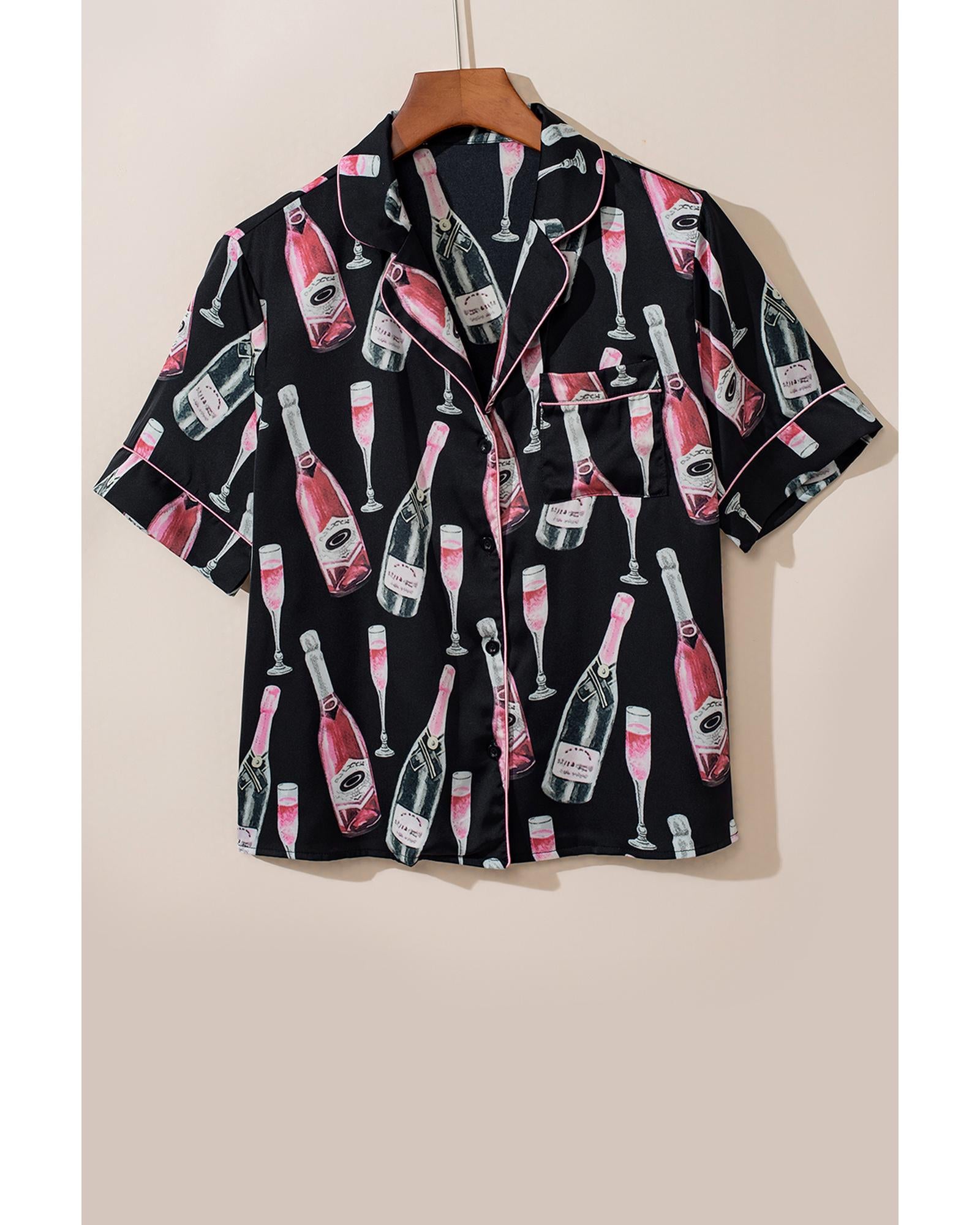 Black Champagne Print Silky Short Sleeve Pajamas Set - L 5