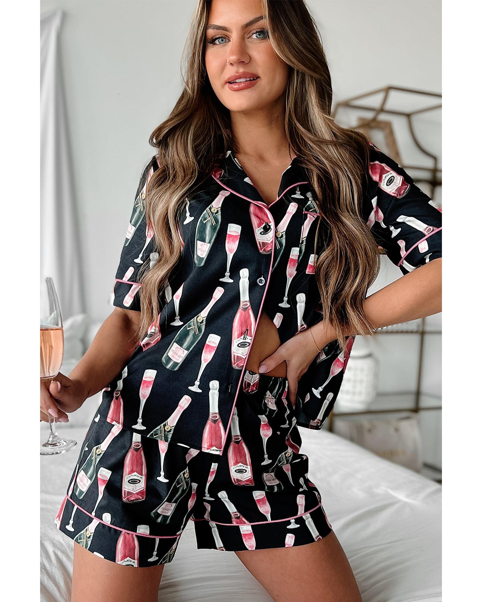 Black Champagne Print Silky Short Sleeve Pajamas Set - L 8