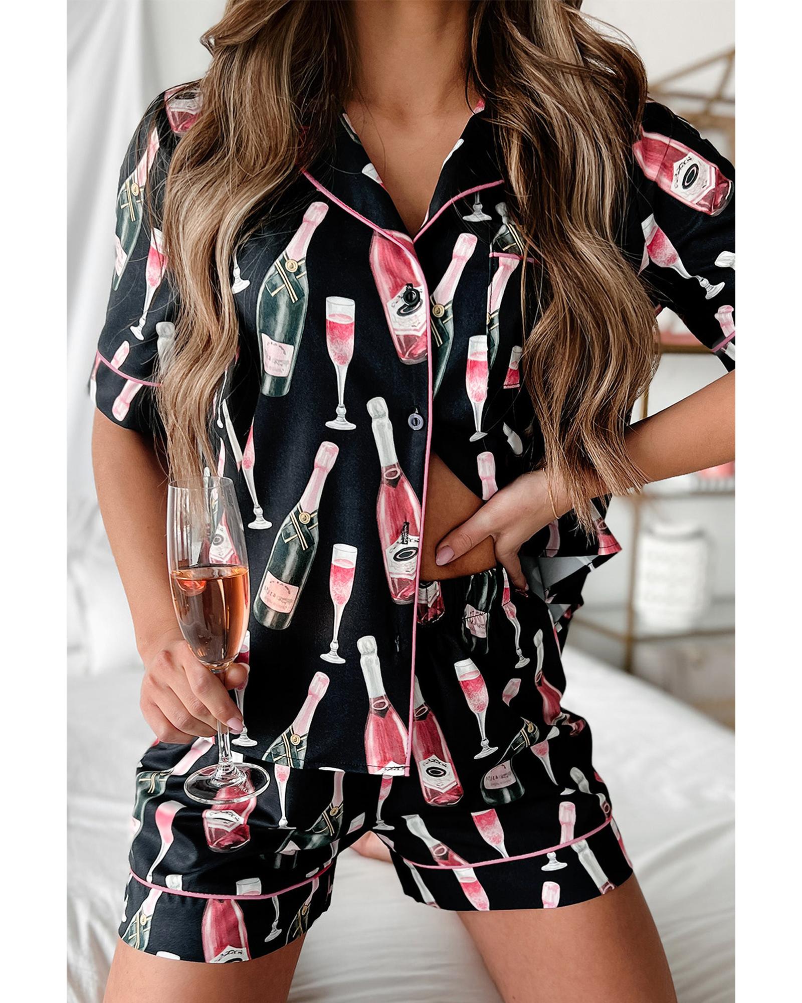 Black Champagne Print Silky Short Sleeve Pajamas Set - XL