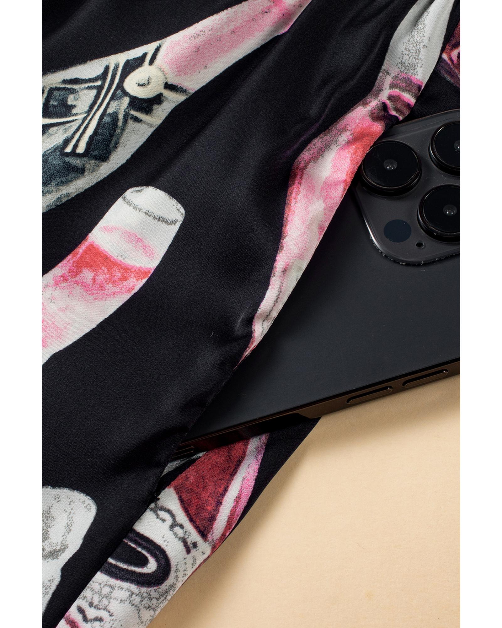 Black Champagne Print Silky Short Sleeve Pajamas Set - XL 6